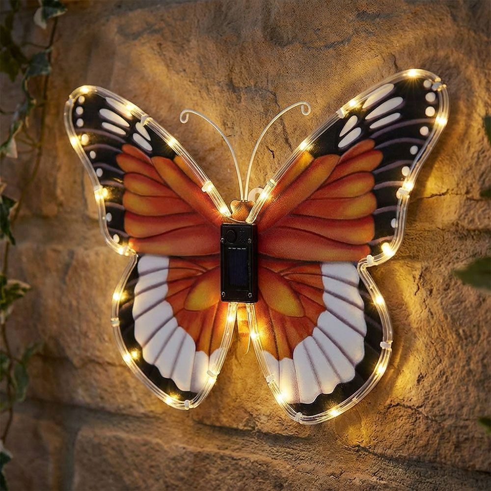 GLOBO LIGHTING LED Wandleuchte, LED-Leuchtmittel fest verbaut, Warmweiß, Solarleuchte Außen Gartenlampe Schmetterling bunt B 35 cm