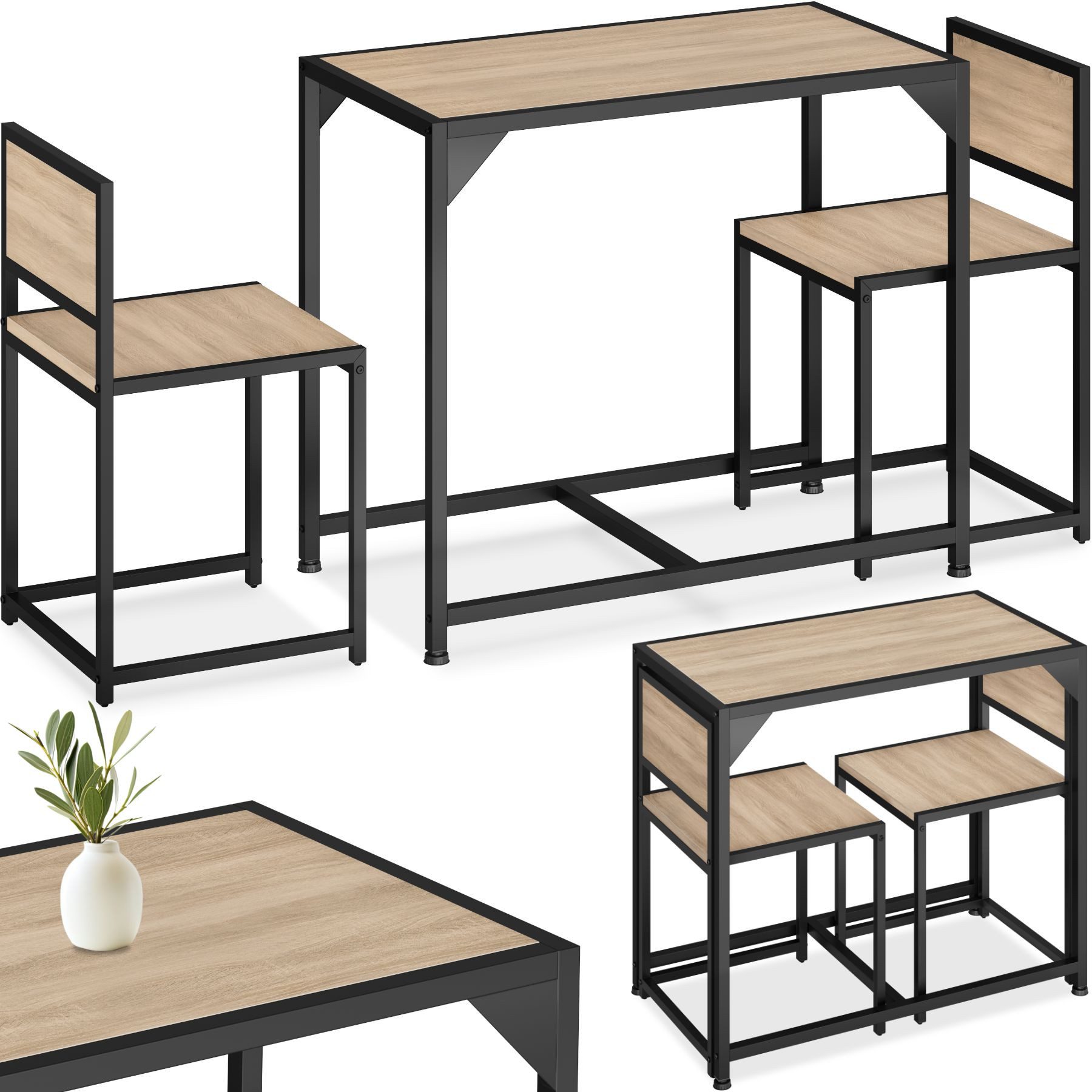tectake Sitzgruppe Essgruppe 3-teilig, mit höhenverstellbaren Kunststofffüßen, (Loungeset Milton, 3-tlg., in Industrial Holz hell, Eiche Sonoma), Esstisch mit 2 Stühlen, Industrial Style, Holz und Stahl