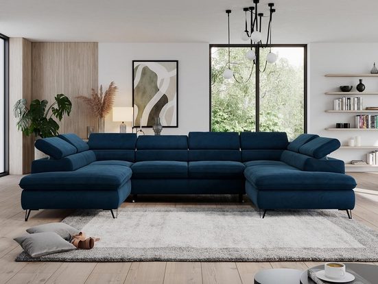 MKS MÖBEL Ecksofa PEDRO U, große U-förmige Ecke, Schlaffunktion, mit verstellbaren Kopfstützen Velvet Hydrophob Dunkelblau