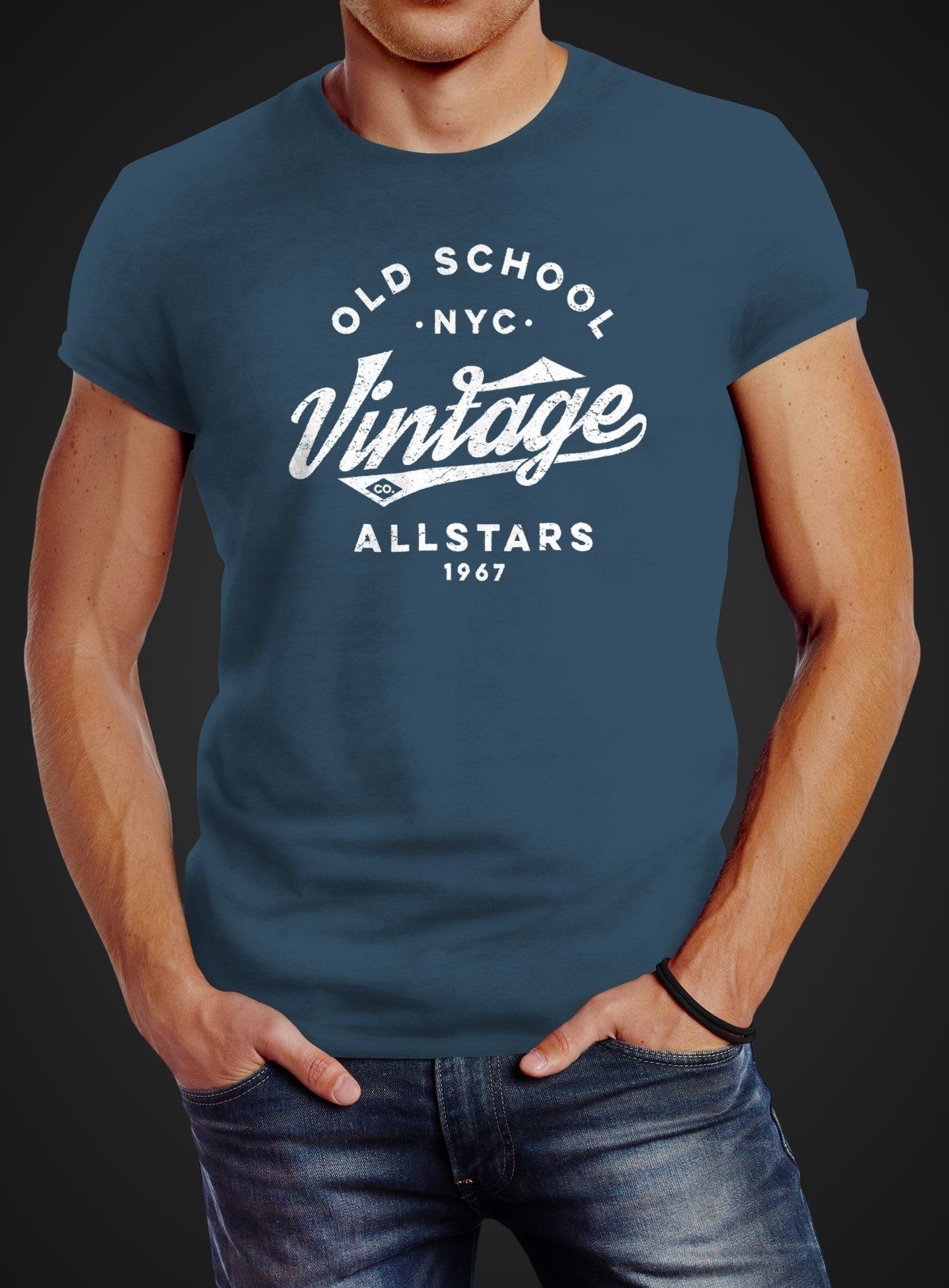 College blau T-Shirt Print Style mit Neverless Oldschool Neverless® Print-Shirt Schriftzug Fashion Herren Streetstyle Allstars Vintage