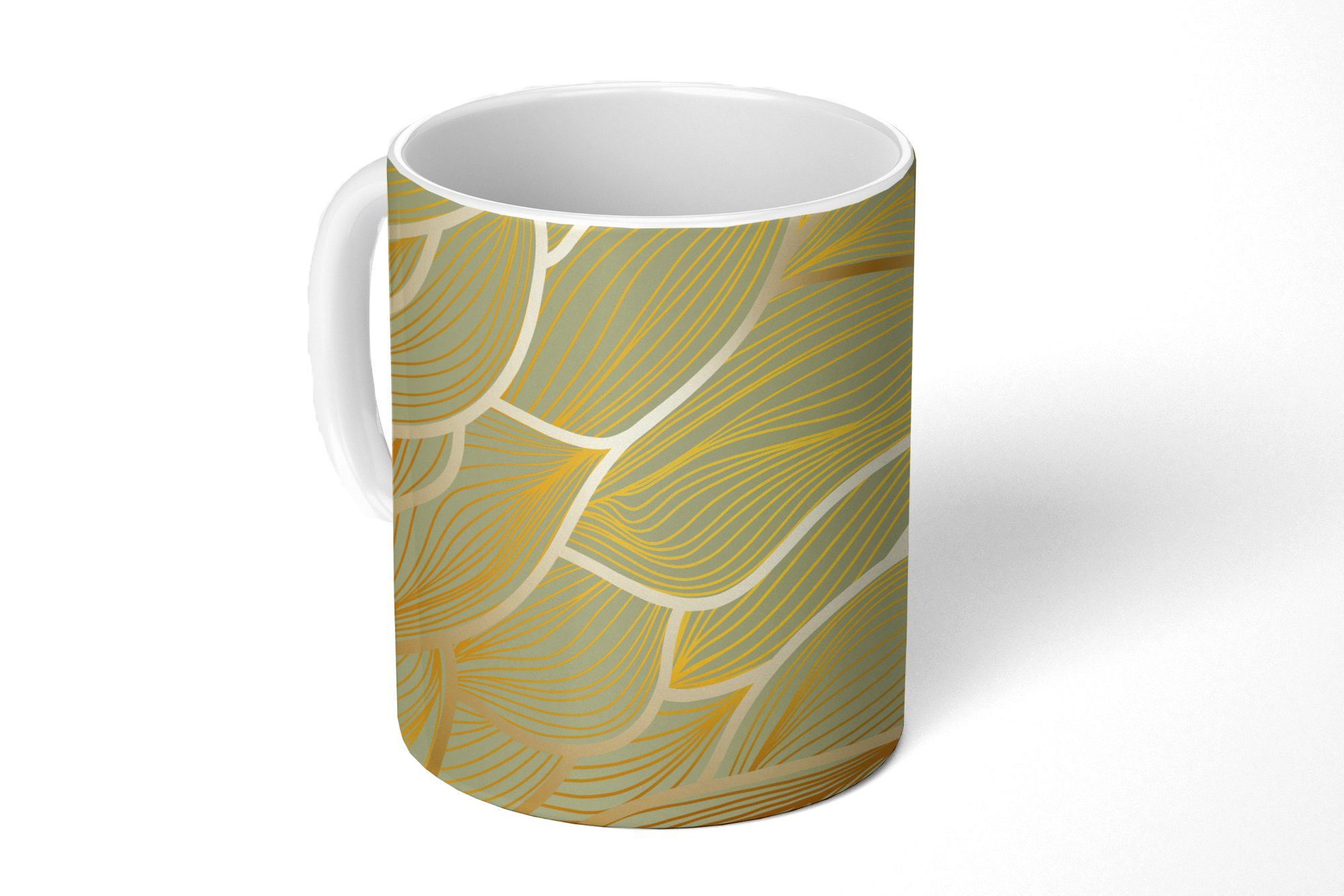 MuchoWow Tasse Goldene Wellen auf grünem Hintergrund, Keramik, Kaffeetassen, Teetasse, Becher, Teetasse, Geschenk