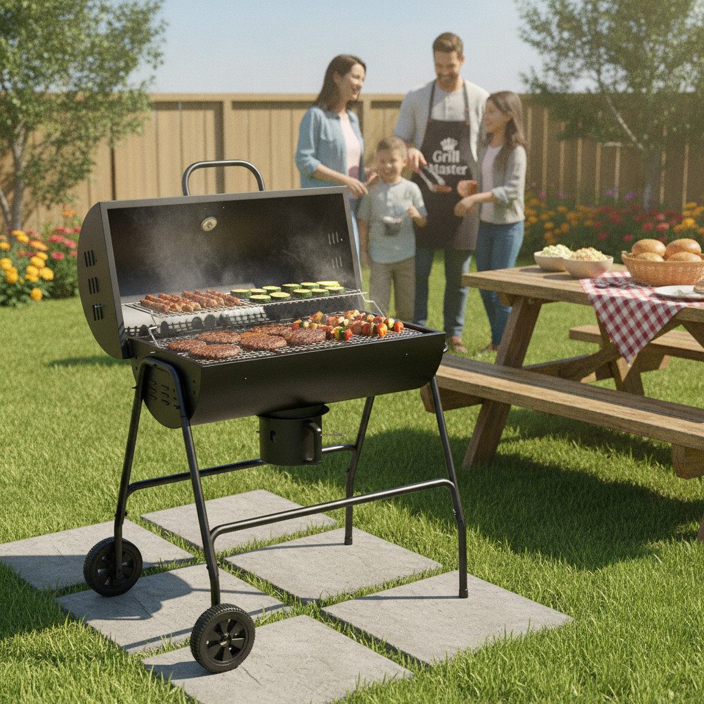 kowdom Smoker BBQ Grillwagen Metall mit Deckel & Thermometer 95 cm, Räder, freistehend, höhenverstellbare Kohlewanne, Thermometer, Aschefänger, Warmhalterost