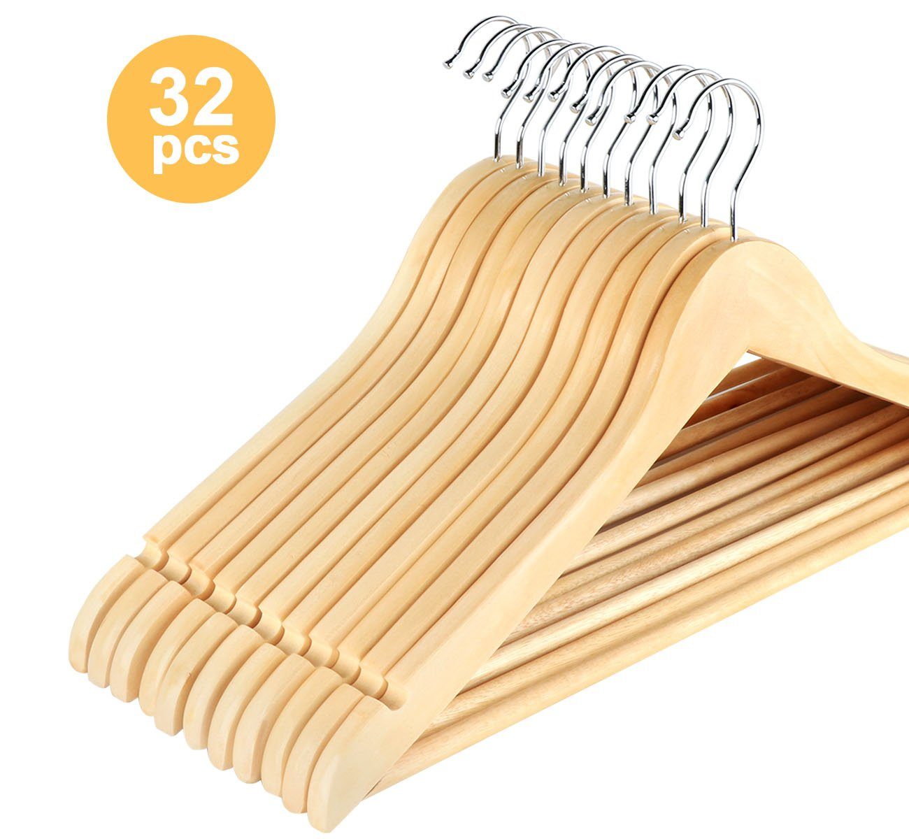 Homewit Kleiderbügel Drehbare Kleiderbügel, Holzbügel mit Natürliche Glatte Oberfläche, (Set, 32-tlg), Für Kleidung, Hosen, Röcke, Schals usw.