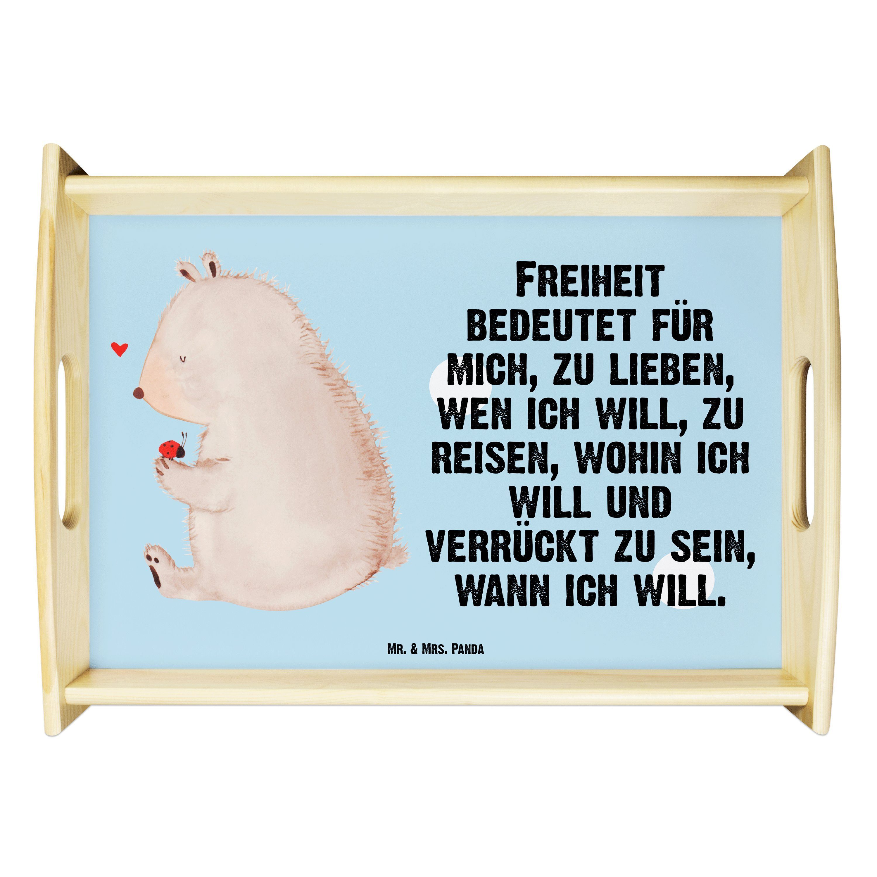 Mr. & Mrs. Panda Tablett Bär mit Marienkäfer - Blau Pastell - Geschenk, Teddy, Holztablett, Da, Echtholz lasiert, (1-tlg)