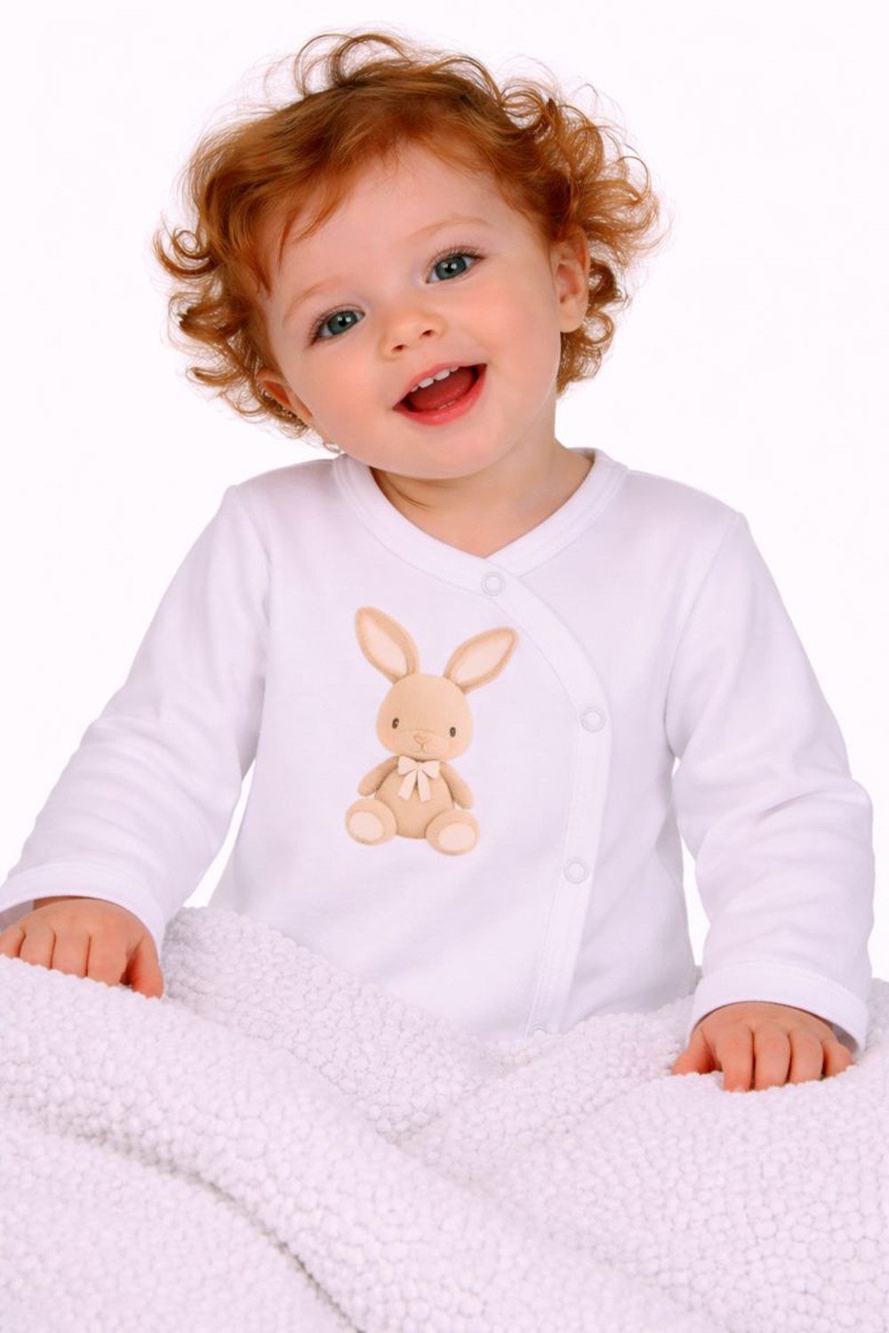 Wickelbody Baby Langarmbody mit Kratzschutz Body weiß oder creme mit Hasen