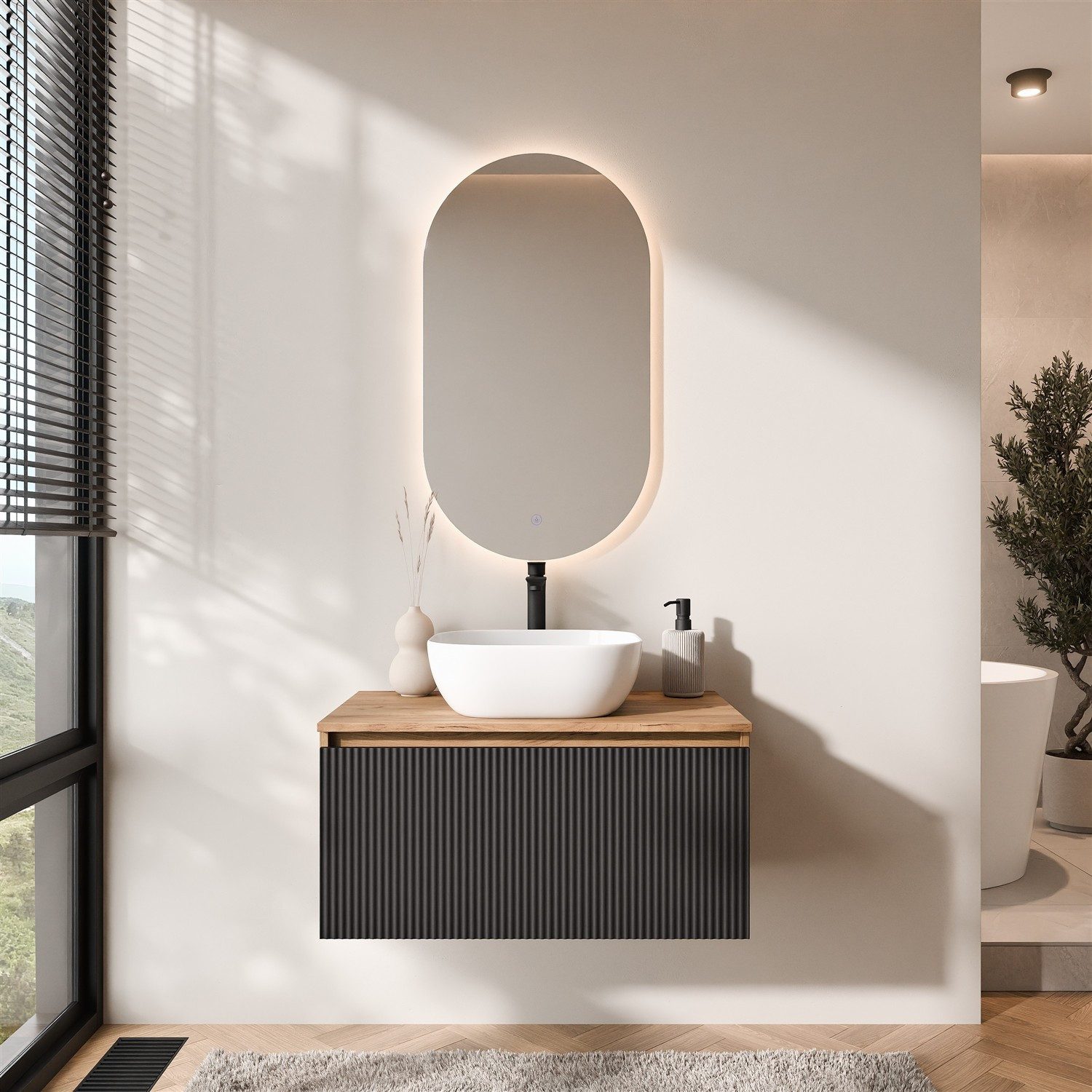 Planetmöbel Badmöbel-Set Arisa Badezimmer Set 3 teilig, Spiegel mit Beleuchtung 50 x 90 cm, (Badmöbel Set mit Waschbecken 42 cm, 3-St., Waschtischunterschrank hängend für Gäste WC & Bad), Schublade mit Soft-Close, Spiegel mit Dimm-Funktion