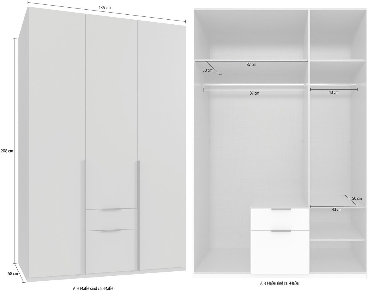Wimex Drehtürenschrank Mugano (mit 2 Kleiderstangen, 2 Schubladen, 1-St., moderne Optik, Metallgriffe in schwarz) 135x58x208cm / Saharagrau matt