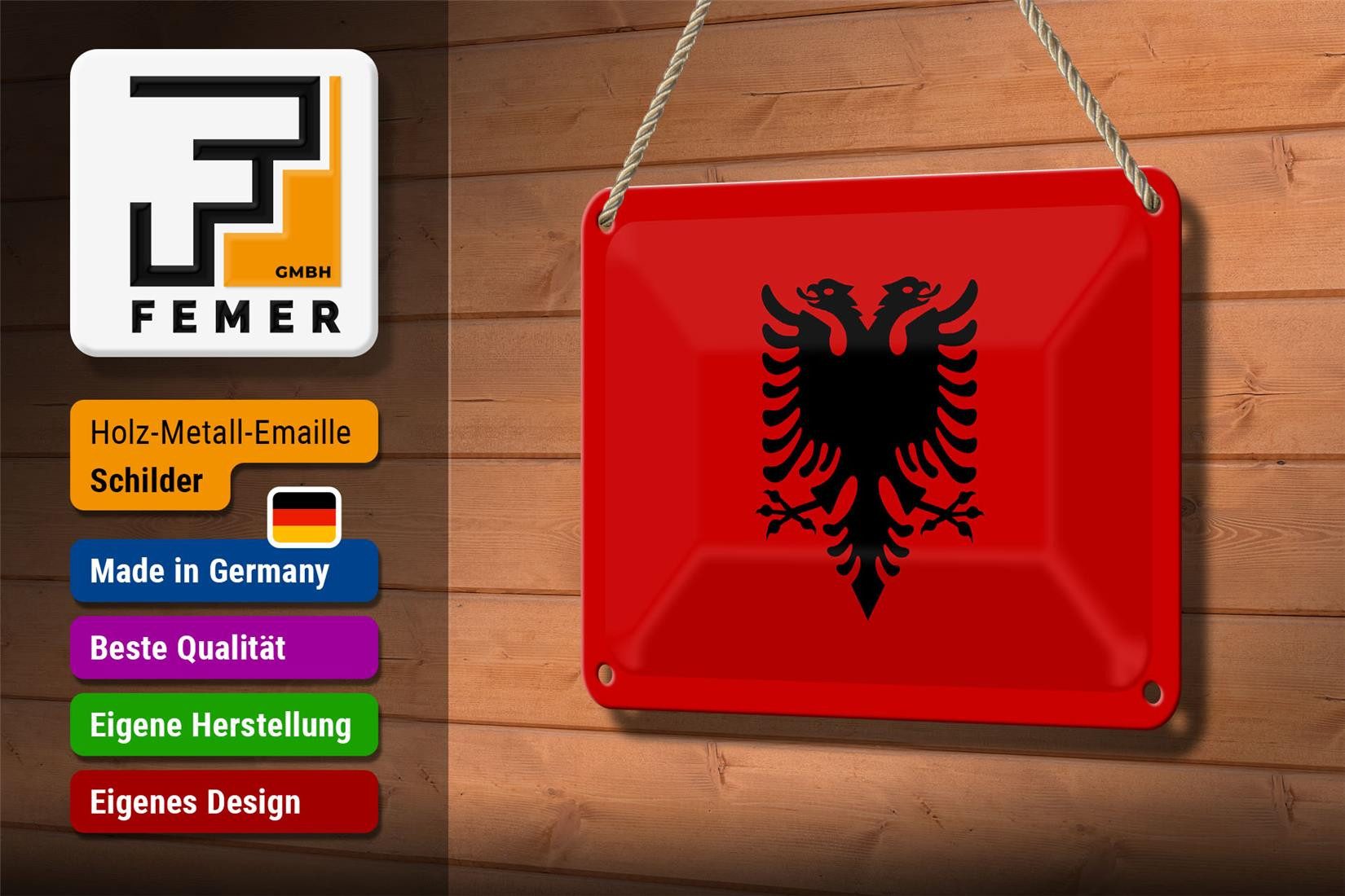 Femer GmbH Metallschild Flagge Albaniens 18x12cm Flag of Albania, (1 St), gewölbte Oberfläche, abgerundete Ecken, umgeschlagene Kanten