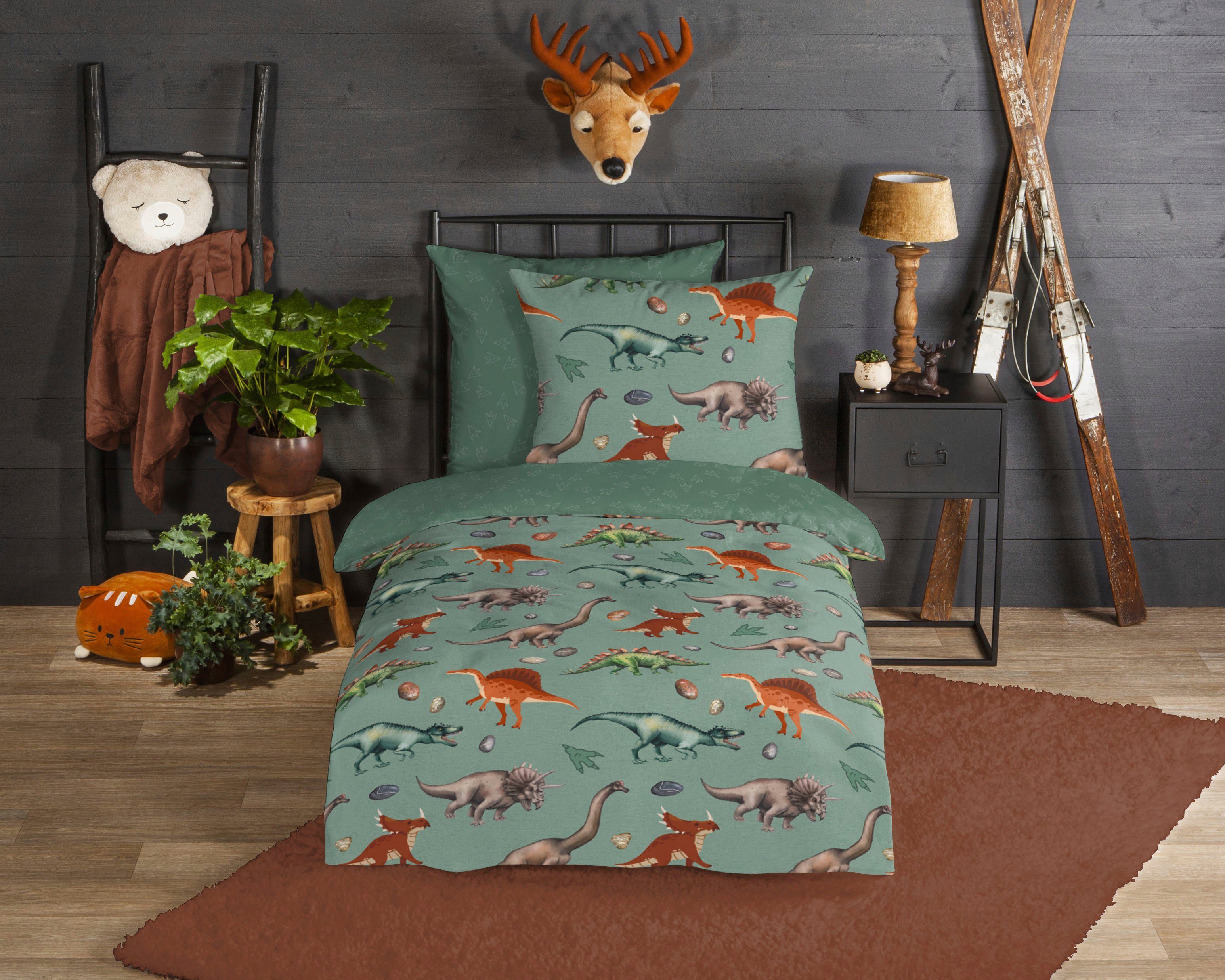 good morning Kinderbettwäsche Dinono, Biber, 2 teilig, Biber, 135x200, Weich, Warm, Reißverschluss, Wende, Kind, Junge, Dino