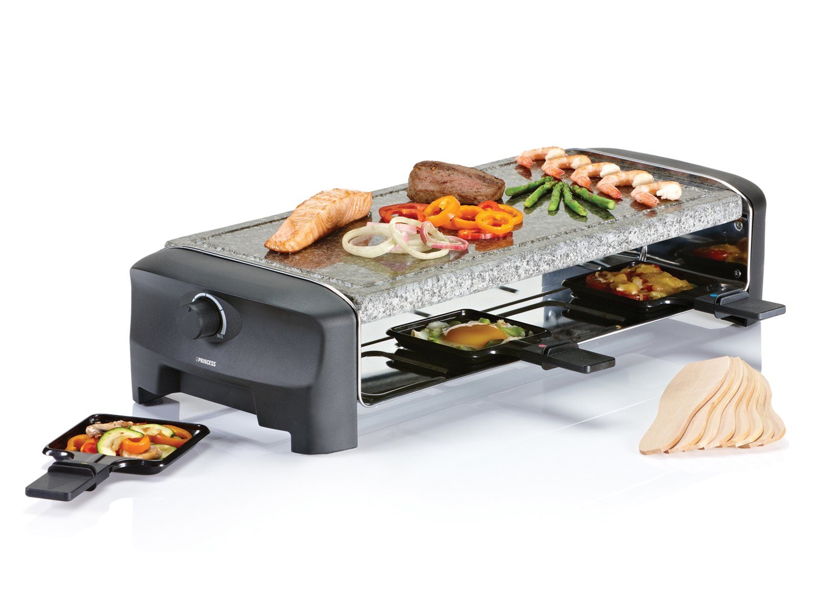 PRINCESS Raclette, 8 Raclettepfännchen, 1300 W, Stonegrillparty Tischgrill 2-8 Personen Gerät heißer Stein-Platte