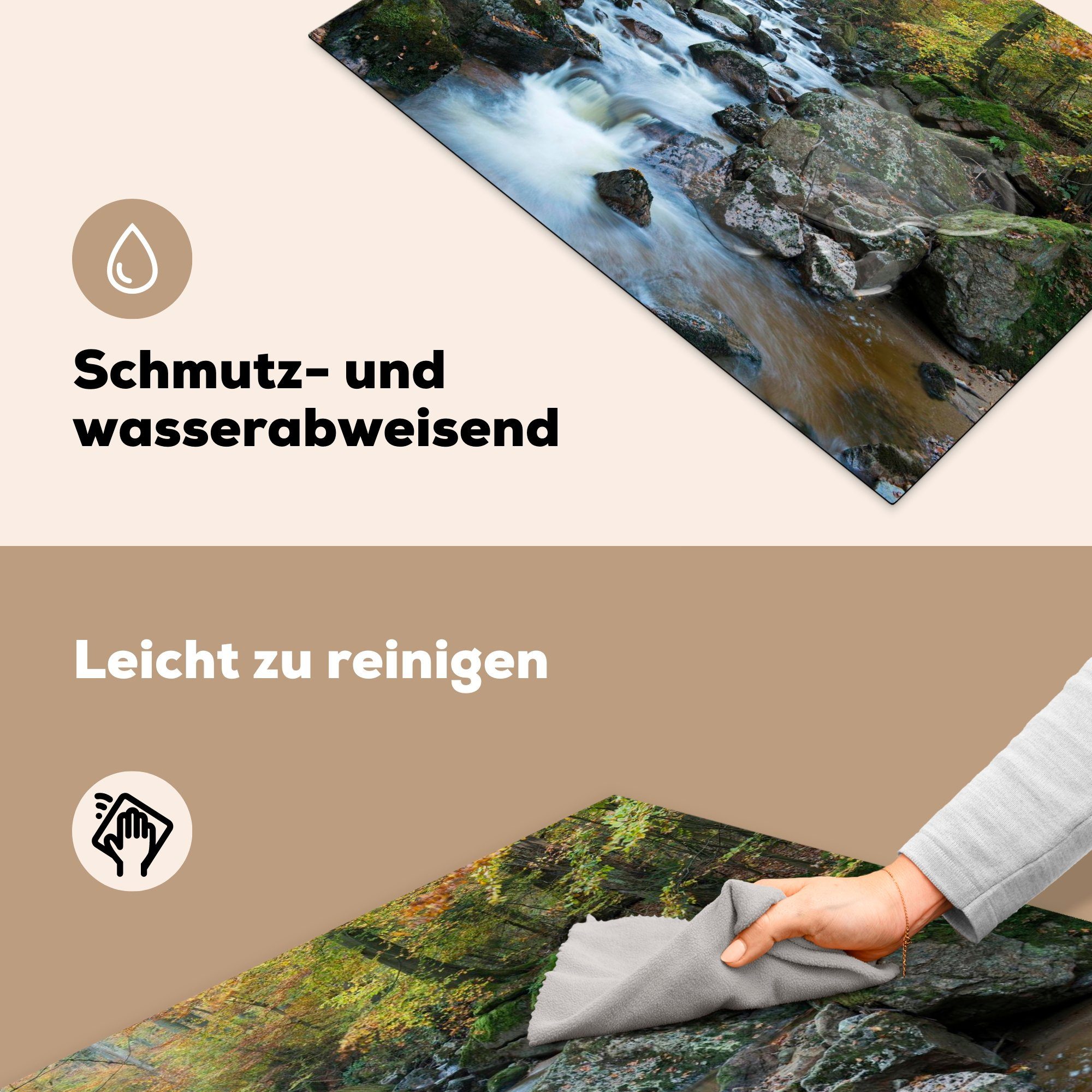 Felsen im Harz, Ceranfeldabdeckung die entlang Schutz für 81x52 (1 Induktionskochfeld der Vinyl, MuchoWow Nationalpark Herdblende-/Abdeckplatte küche, deutschen Bach cm, tlg),