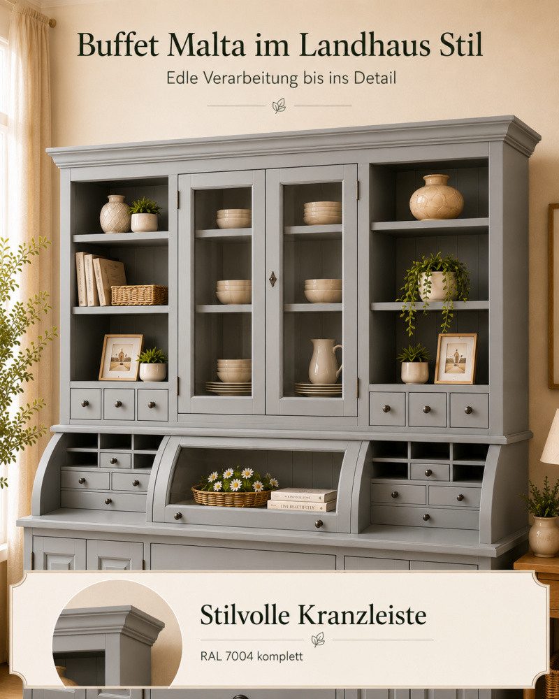 Wohnpalast Buffet Landhaus Buffet Schrank Malta Ladenschrank signalgrau 200 cm