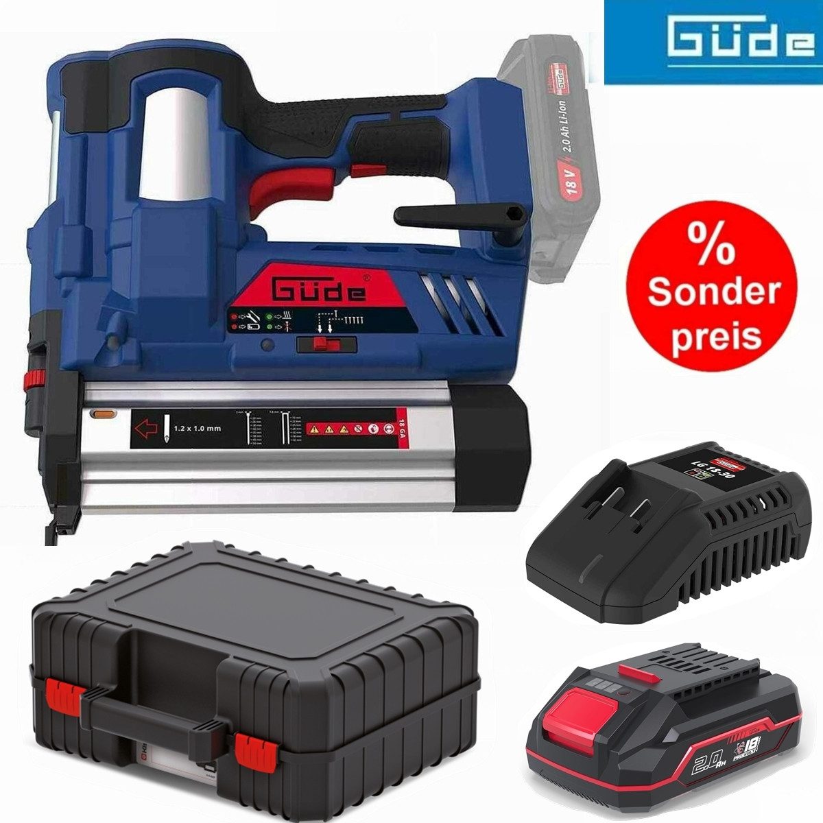 Güde Akku-Stauchkopfnagler Akku Tacker Nagler Klammergerät 18V m.Akku 2.0 Ah / Ladegerät / Koffer
