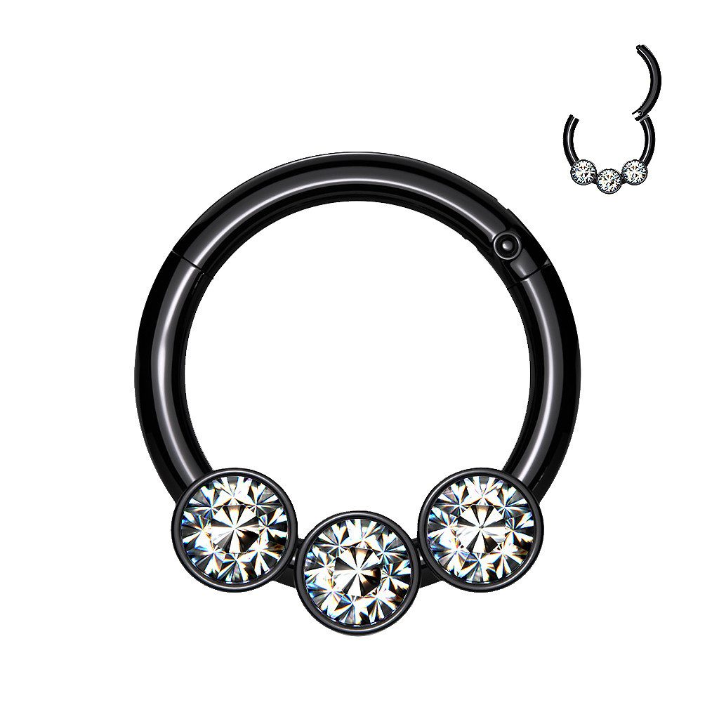 Nasenpiercing Septum Piercing Scharnier Ring 3 Kristalle Schwarz 1,2mm x 8mm
