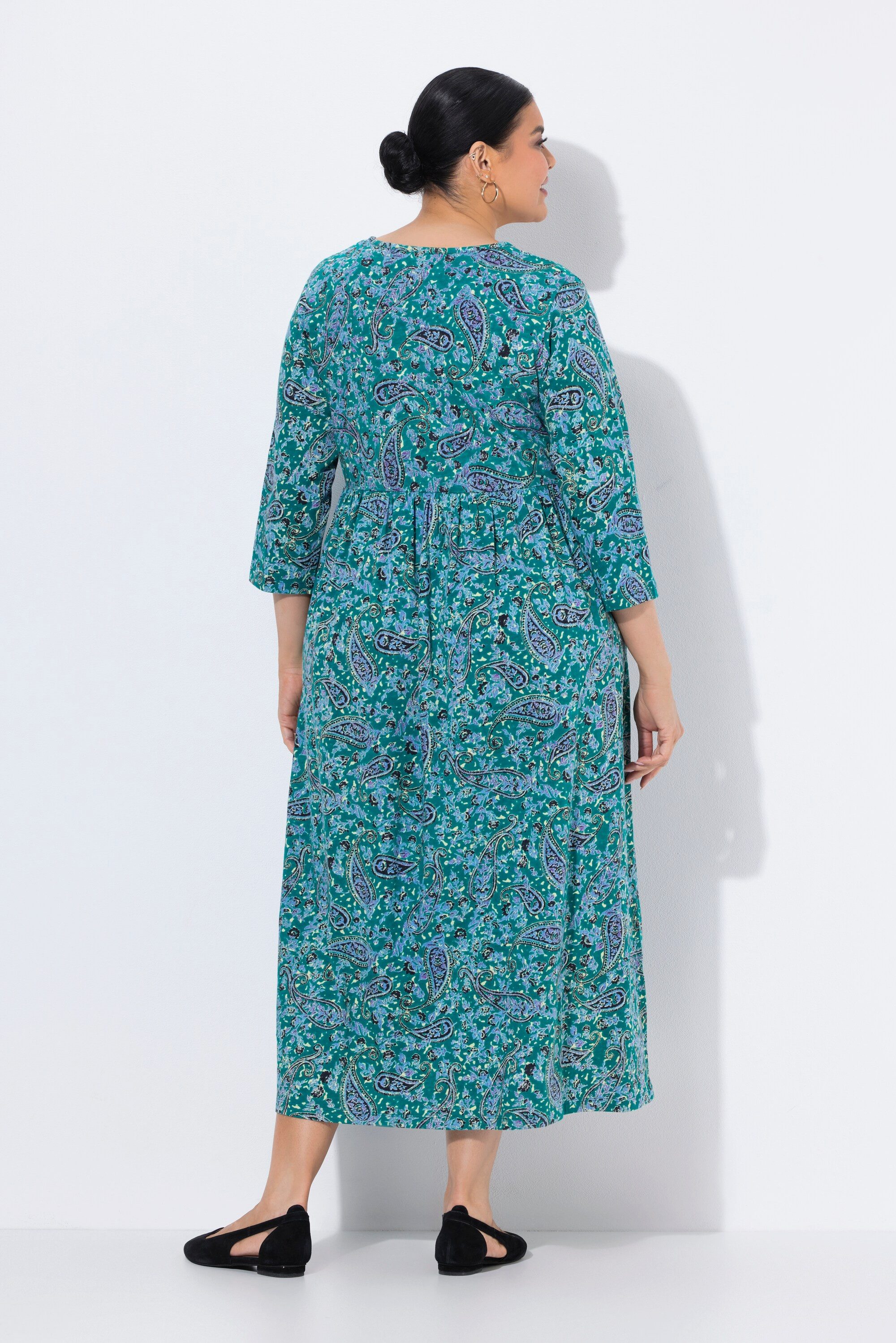 Ulla Popken Maxikleid Jerseykleid Paisley A-Linie V-Ausschnitt 3/4-Arm