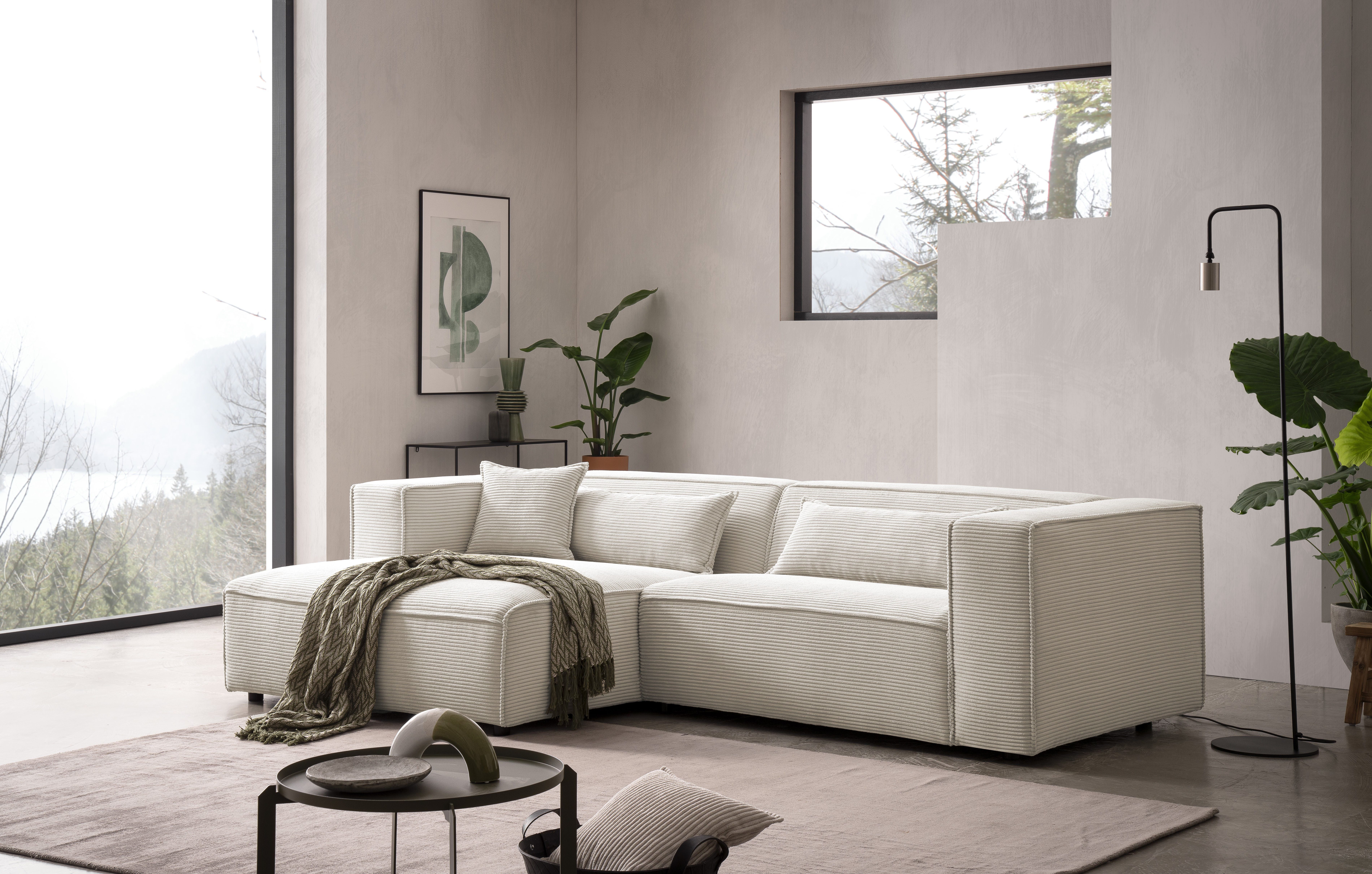 LeGer Home by Lena Gercke Ecksofa PIARA mit Kedernaht, Cord, Leinenoptik o. Strukturstoff, Couch, L-Form, wahlweise Ottomane rechts/links, schwarze Füße, bequemer Sitzkomfort