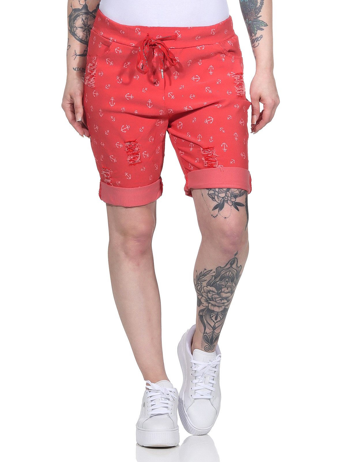 Aurela Damenmode Chinoshorts Kurze Damen Hose Sommer Chino maritime Bermuda moderne Knitteroptik, Vintage, mit Gummibung & Kordelzug