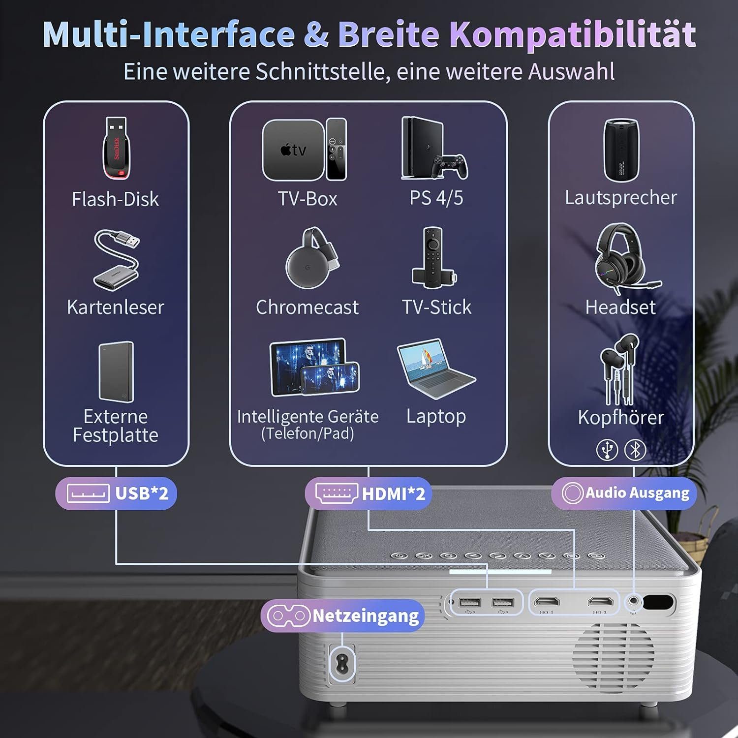 4K Portabler Smartphone/PC/TV Beamer WISELAZER (12000:1, WiFi/Bluetooth Full Box) UHD HD Projektor Heimkino
