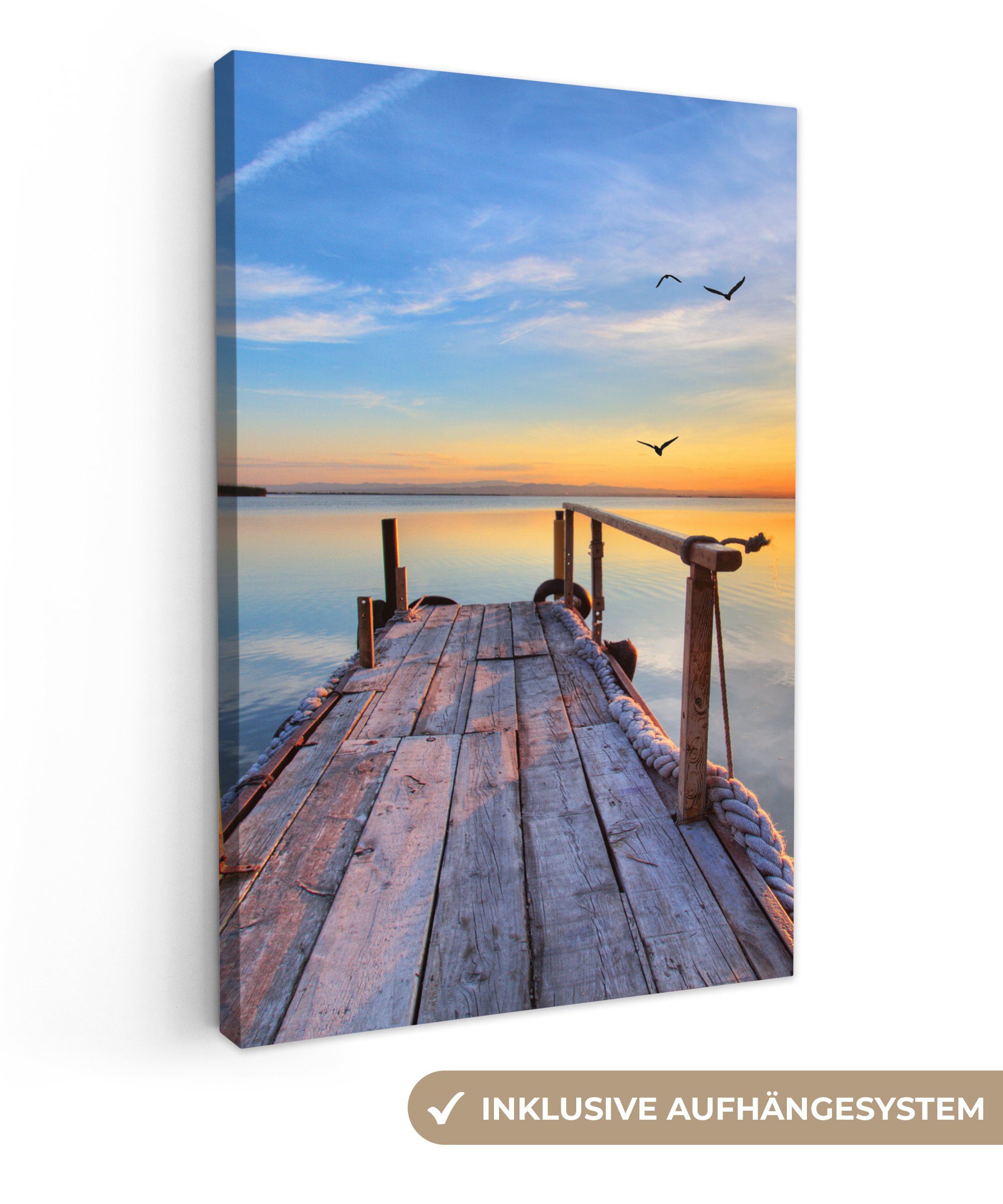 OneMillionCanvasses® Leinwandbild Wasser - Steg - Vögel - Sonnenuntergang - günstig online kaufen