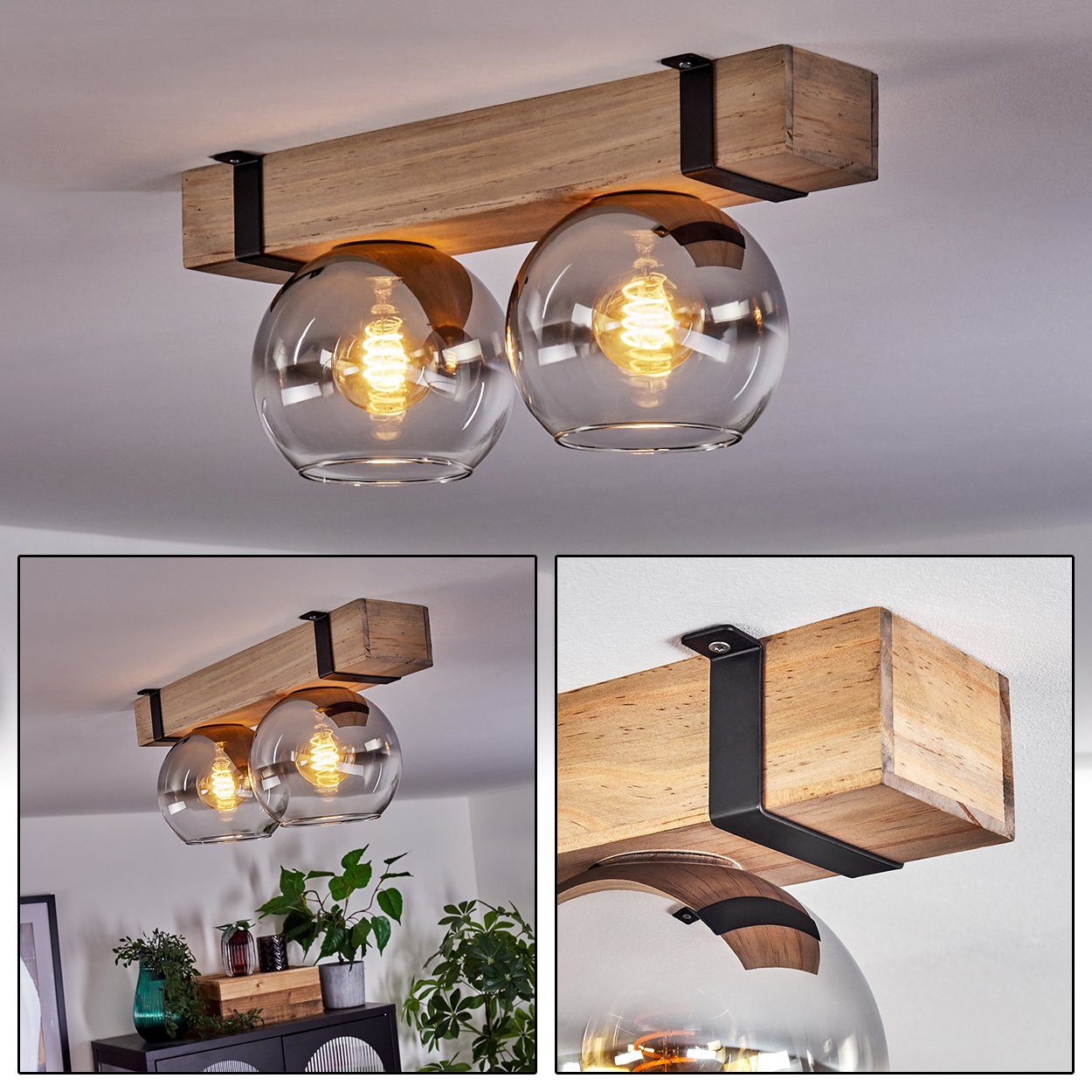 hofstein Deckenleuchte Deckenlampe aus Metall/Holz/Glas in Schwarz/Natur/Ch günstig online kaufen