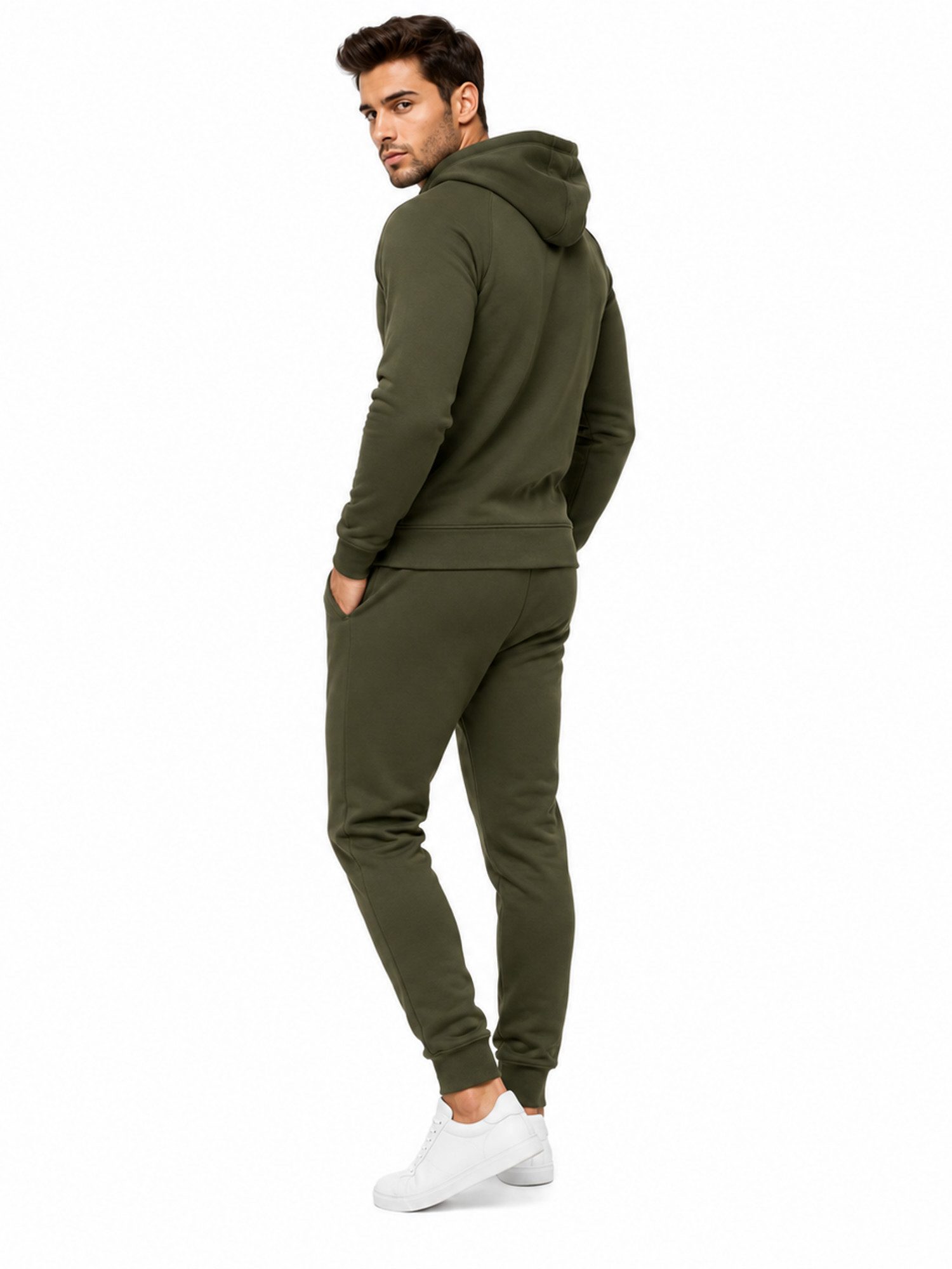 L.gonline Freizeitanzug Herren Jogginganzug einfarbig 100% BW 586 Oliv XXL (Kapuzenjacke mit Reißverschluss, Hose, 2-tlg), Fitness Freizeit Casual – Bild 2 von 5