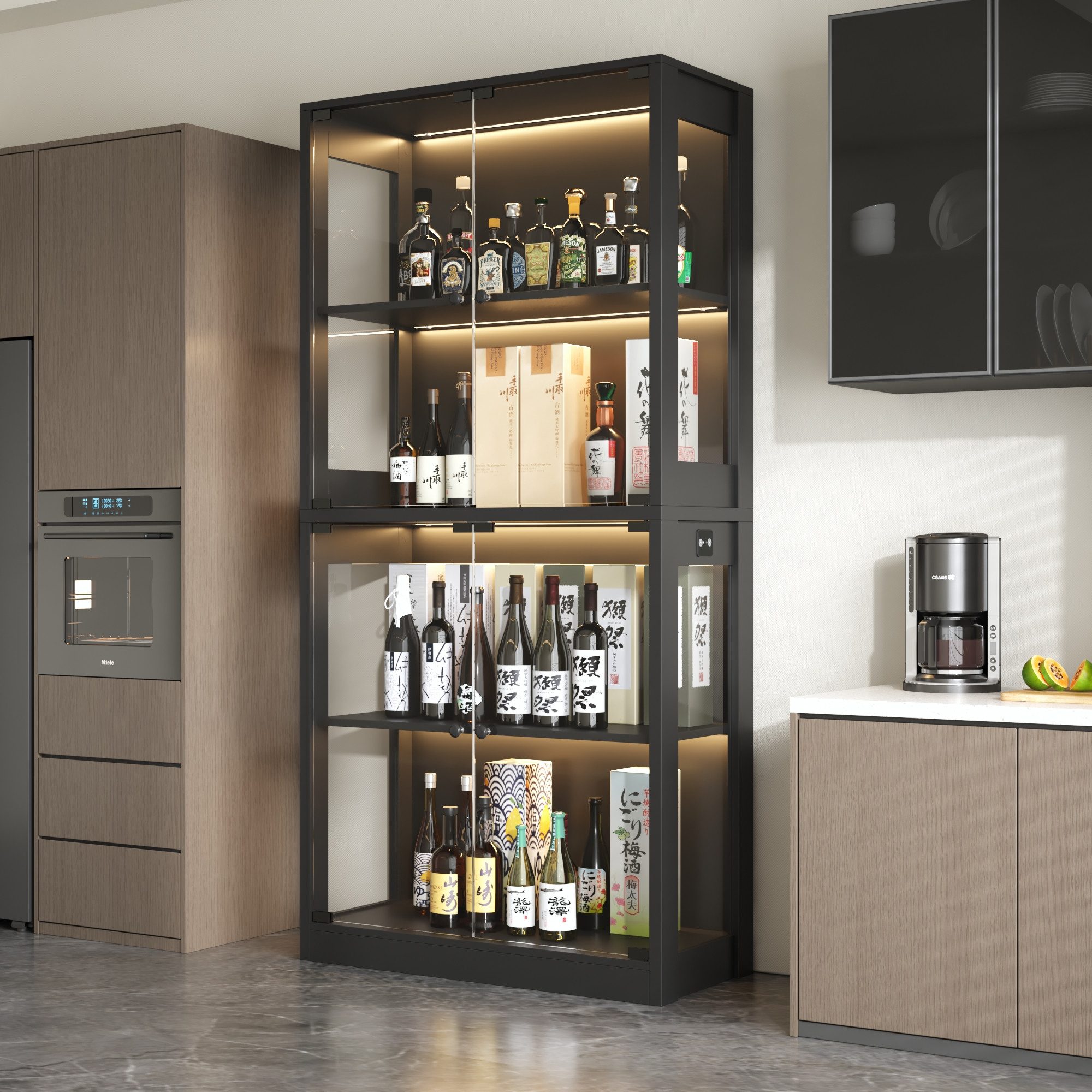 FUFU&GAGA Glasvitrine Sammelvitrine 165-200cm hoch, Vitrinenschrank mit LED Beleuchtung