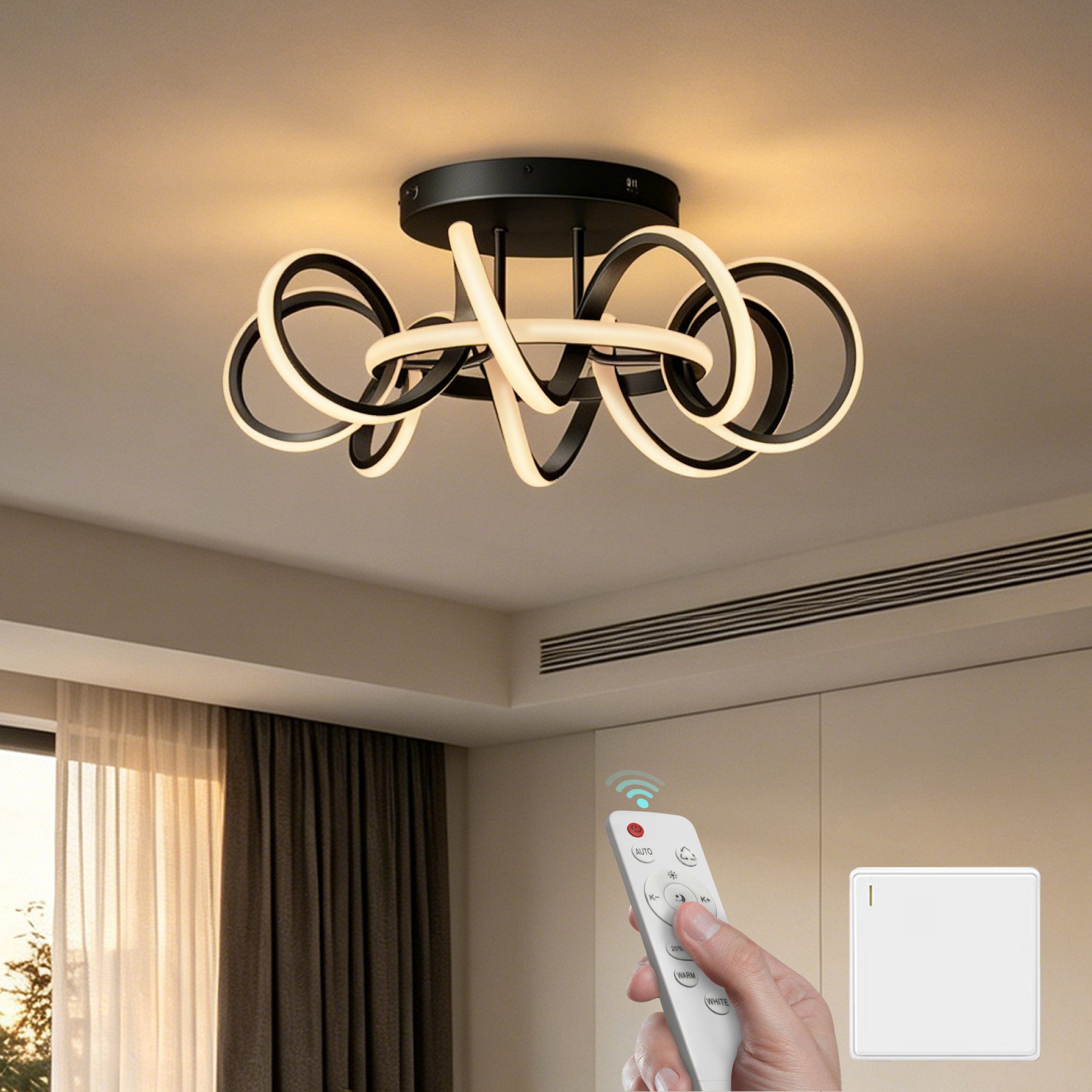 Mai & Mai Pendelleuchte LED Deckenleuchte dimmbar 3000–6400K 58cm 112W Schwarz Nuvora06, LED fest integriert, Farbtemperatur einstellbar: 3000K – 6400K, flimmerfrei,mit Fernbedienung oder Wandschalter,energiesparend