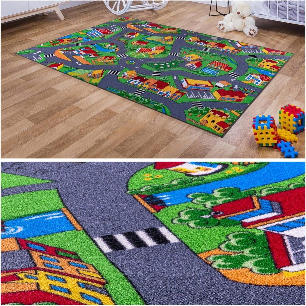 MDEKOR Kinderteppich mit Straßen und Häuser – Spielspaß für Jungs und Mädchen, rechteckig, Große 200 x 200 cm