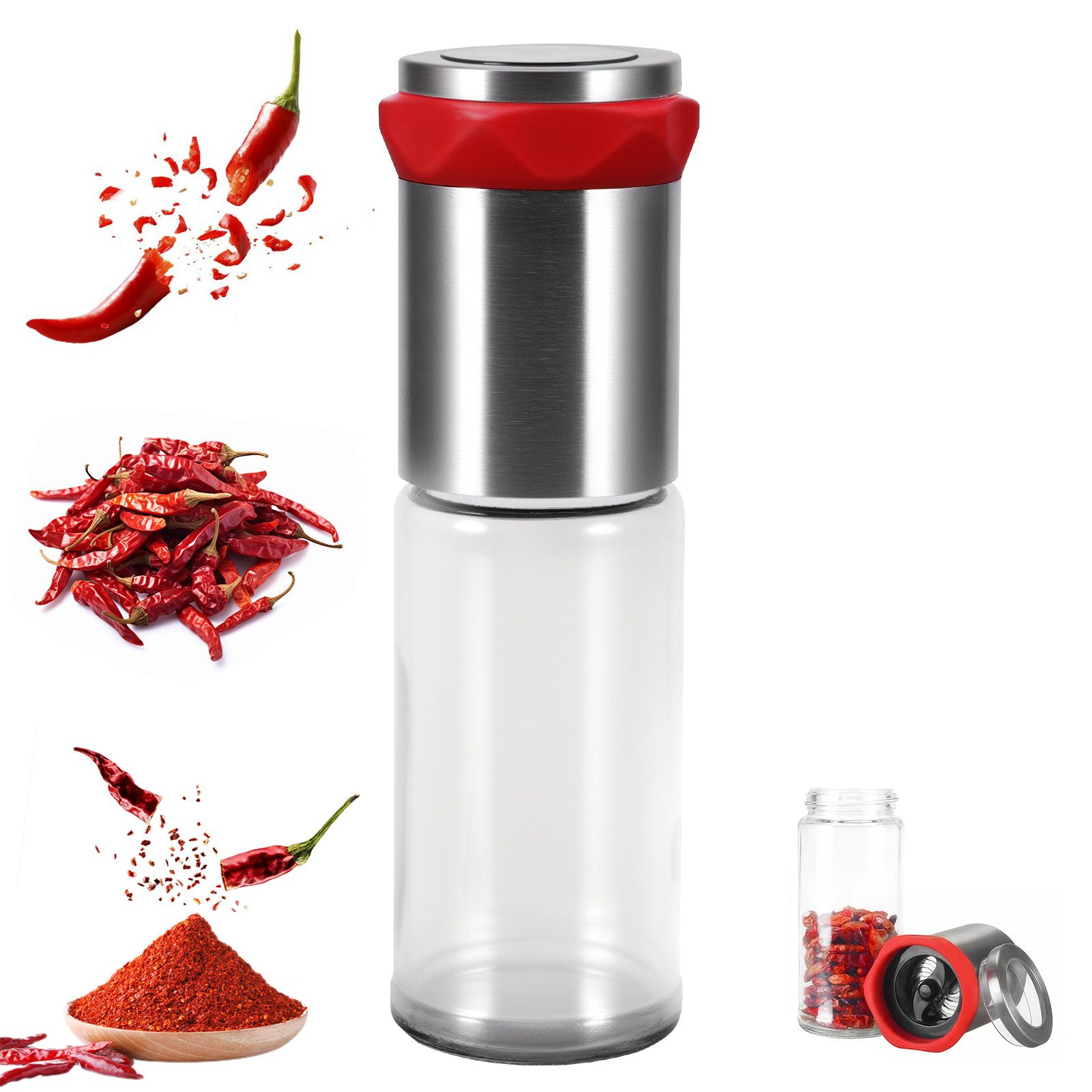 BlingBin Chilimühle 170ml Chilimühle aus Edelstahl & Glas, Gewürzschneider Schneidwerk manuell, (1 Stück), Chilischneider für grobe Gewürze & Chili - Gewürzmühle Kräutermühle