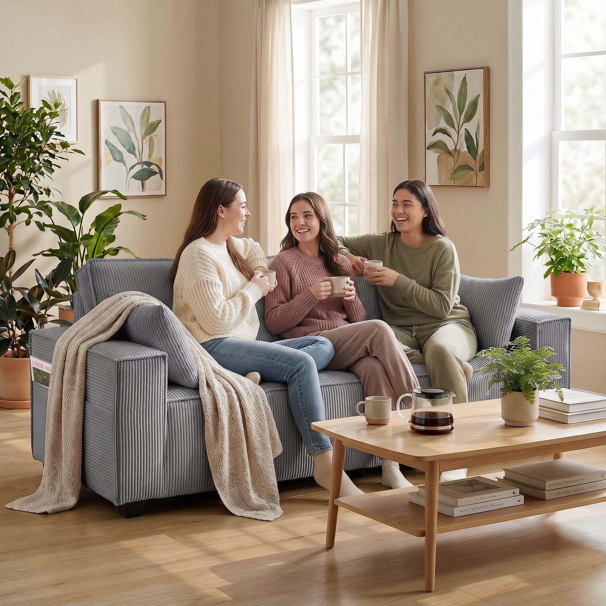 HOMCOM Sofa 2 Kissen Loungesofa, Bequemes Loungesofa 3 Teile, Cordstoff, Taschenfederkern, breite Armlehnen
