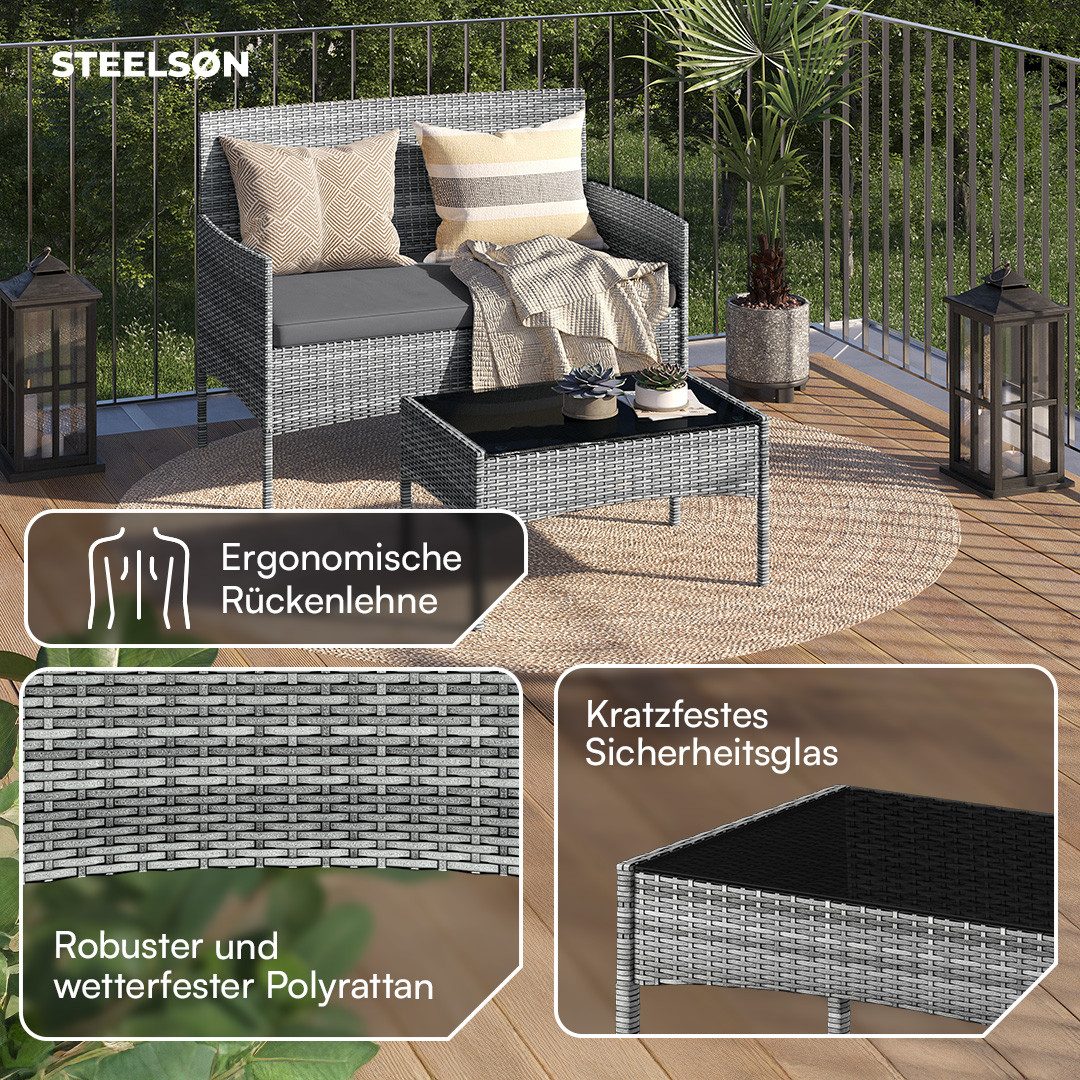 STEELSØN Gartenlounge-Set Thalora, (4-er Set grau-meliert, 1x Sofa, 2x Stuhl, 1x Tisch), Polyrattan Gartenmöbel Set, verschiedene Ausführungen