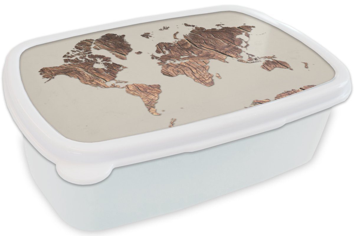 Jungs Lunchbox Holztafel Kunststoff, - Erwachsene, und - MuchoWow für Weltkarte für weiß Braun, (2-tlg), Mädchen Kinder Brotdose, und Brotbox