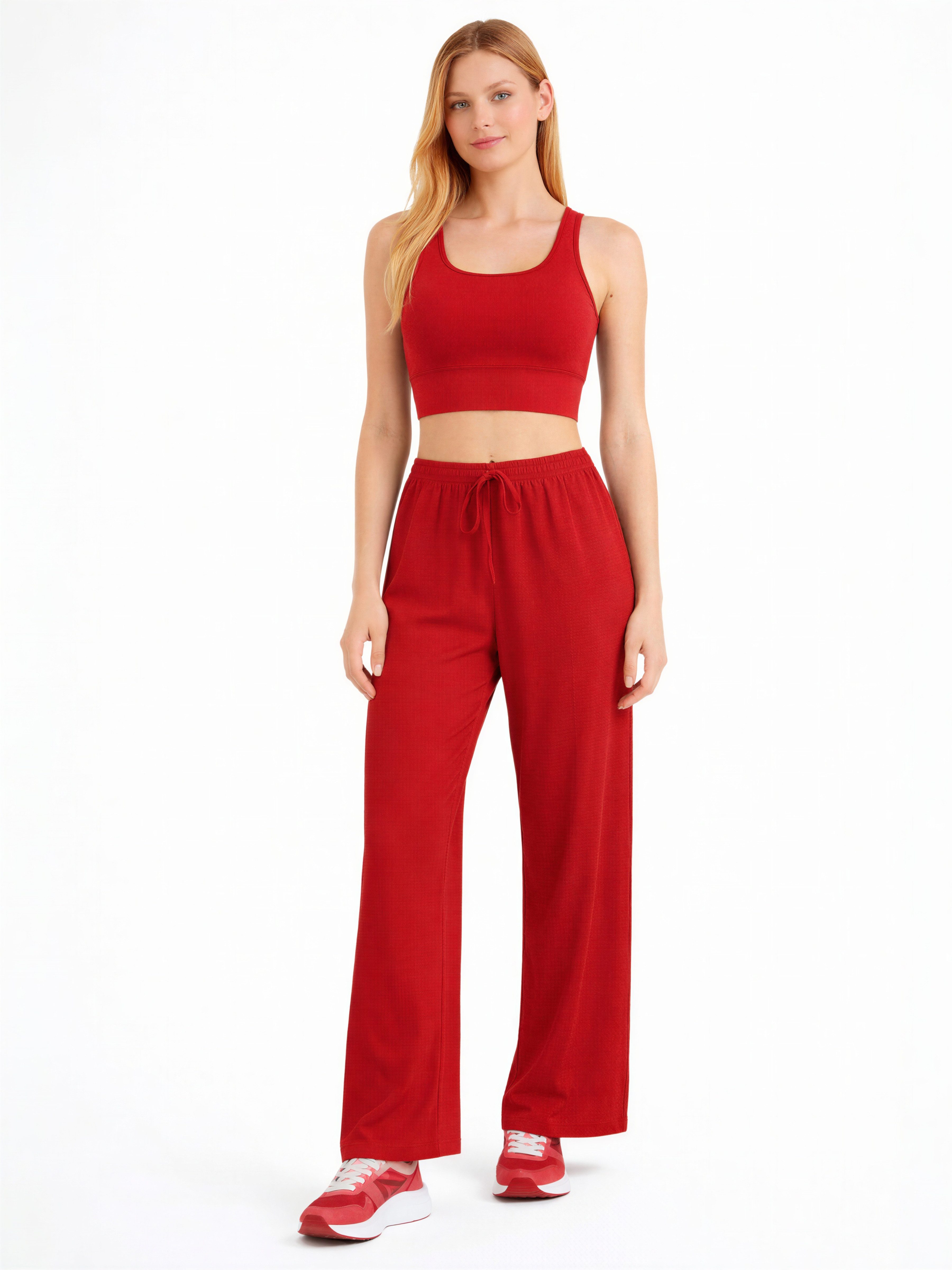 fashionshowcase Palazzohose Damen Crinkle Stoffhose elastischer Bund Tunnelzug weites Bein hoher Bund, elastischer Tunnelzug