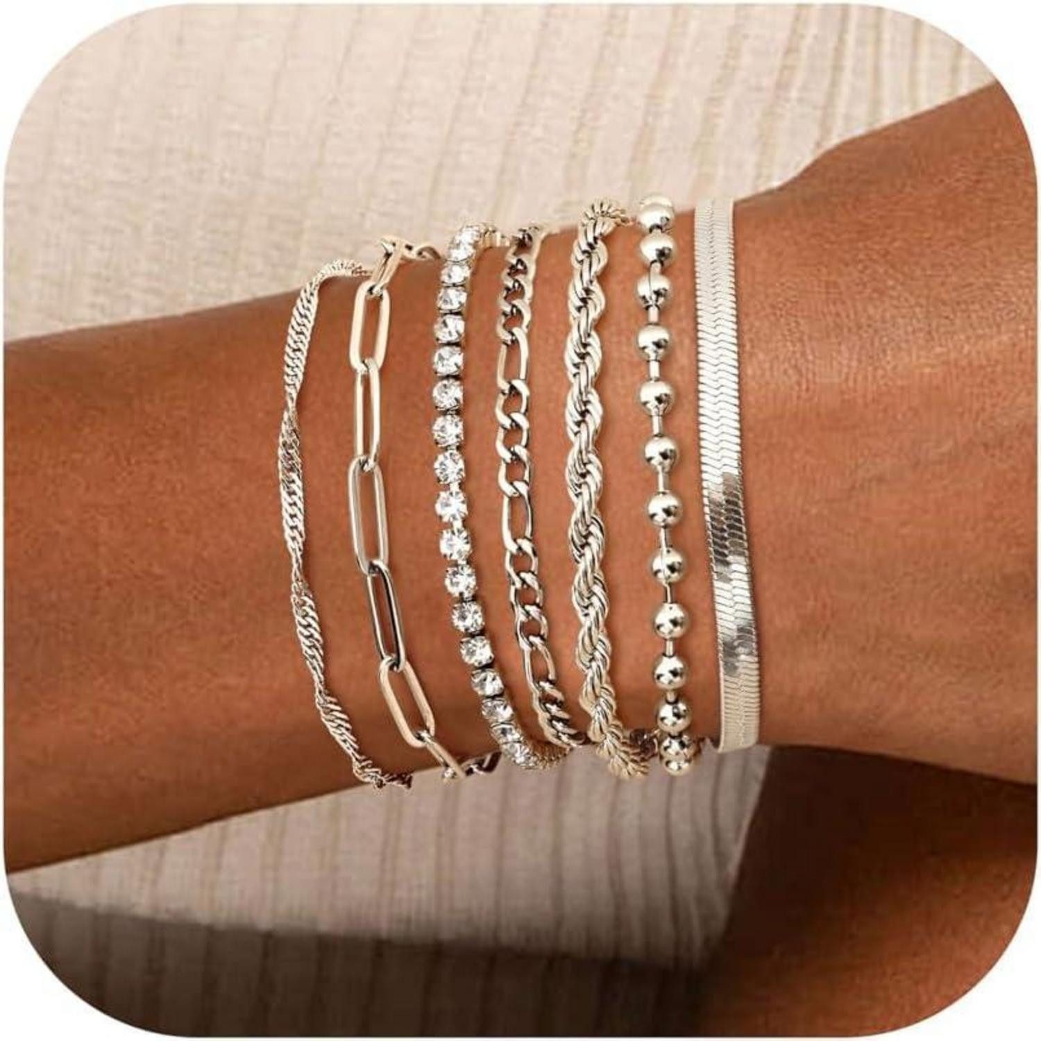 LuxusKollektion Ketten und Armband Set Armbänder Damen 7Pcs 14Karat Vergoldet Figaro Twist CZ Gold Silber