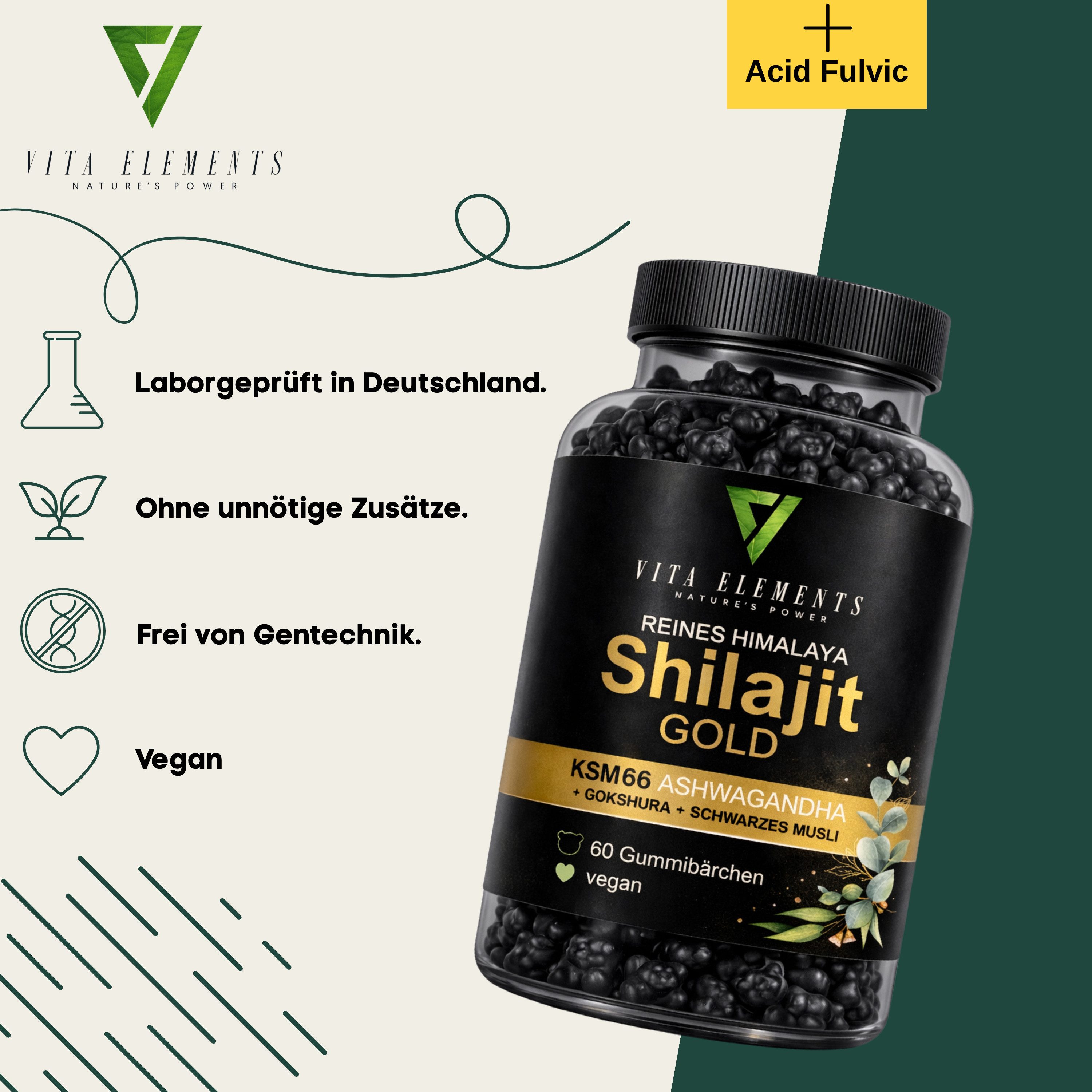 Vita Elements Himalaya Shilajit Gold Gummibärchen, 60 St., Vegan frei von Gentechnik Laborgeprüft in Deutschland Gummies