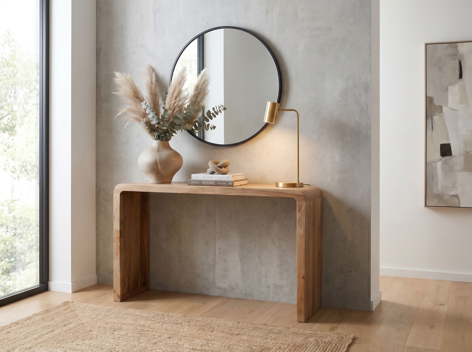 FINEBUY Konsolentisch FB117941 Flurtisch 120cm Ablagetisch Massivholz Anrichte Handmade (Elegantes Beistellmöbel für deinen Flur), Modernes Holzmöbel mit abgerundeten Ecken