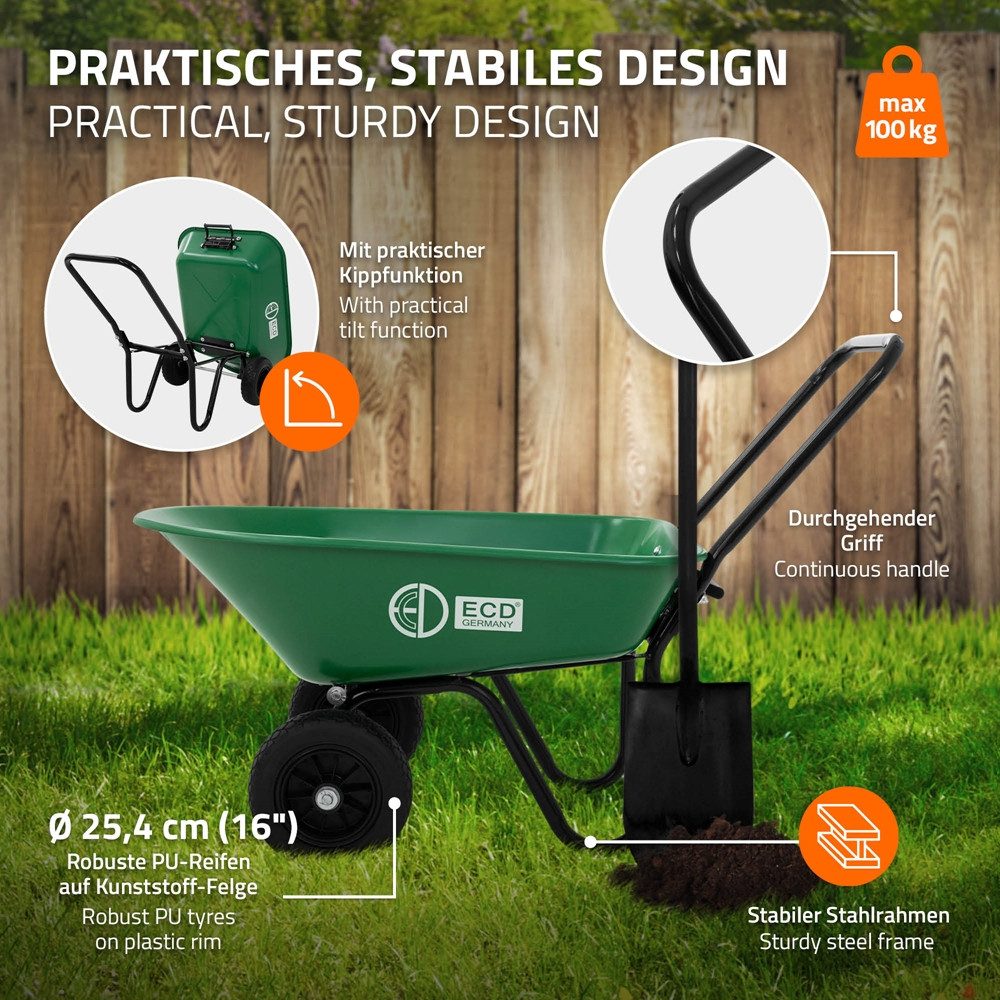 ECD Germany Schubkarre Garten 78L Gartenwagen Gartenkarre mit Kippfunktion Bauschubkarre, Gartenschubkarre Hofkarre 2x PU-Reifen & PP-Wanne 100 kg Tragkraft – Bild 3 von 5