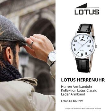 Lotus Quarzuhr Lotus Herren Uhr Elegant L18239/1 Leder, (Analoguhr), Herren Armbanduhr rund, groß (ca. 40mm), Lederarmband schwarz