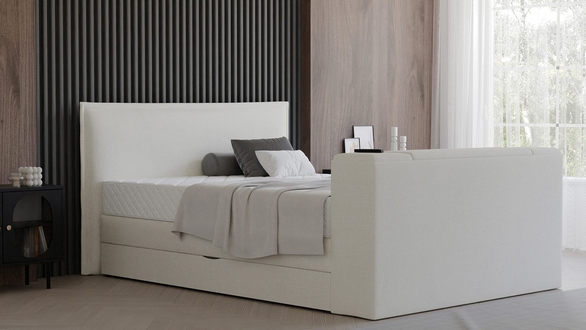 PAARA Boxspringbett mit TV Lift und Bettkasten inkl. Matratze mit integrierten Topper, mit einzigartigem Belüftungssystem