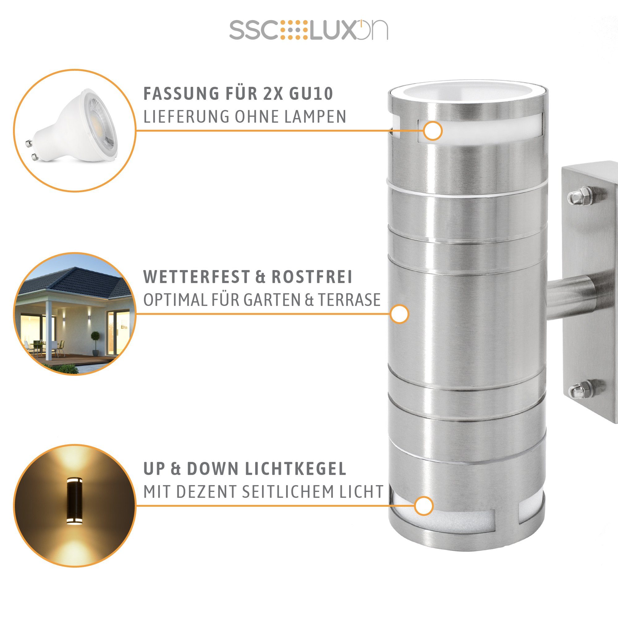 Edelstahl down SSC-LUXon up LED Wandlampe Aussen-Wandleuchte Aufbauleuchte, Aufbaustrahler IP44 &