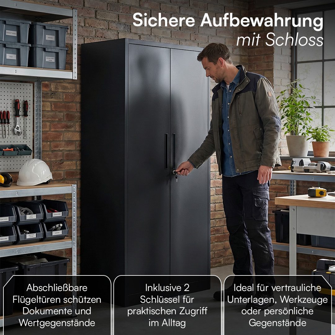 STEELSØN Garderobenschrank Regulus abschließbar inkl. 2 Schlüsseln, 175x40x80 cm (Schwarz, 1-St) Spindschrank aus Stahl mit 6 Fächern & 1 Kleiderstange – Bild 5 von 5