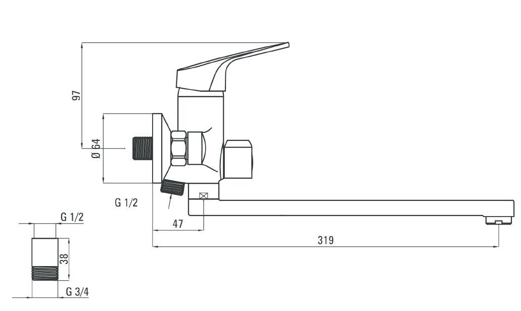 056M mit BGC langen Waschmaschine, Deante Auslauf und 3/4" Chaber für Reduzierstück Spül-/ Spültischarmatur