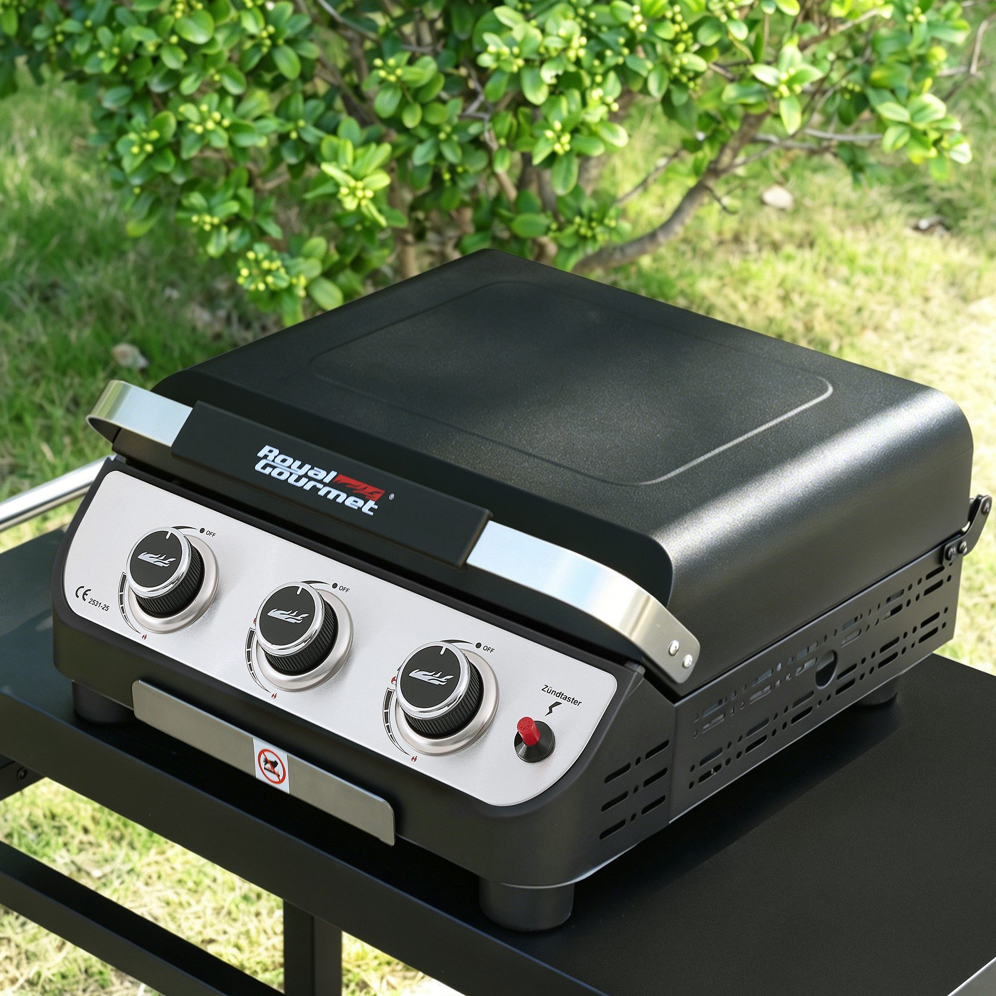 Royal Gourmet Gasgrill mit Deckel, 3 Brenner, 7,5 kW Grillplatte, für Camping & Garten, Abnehmbarer Fettbehälter