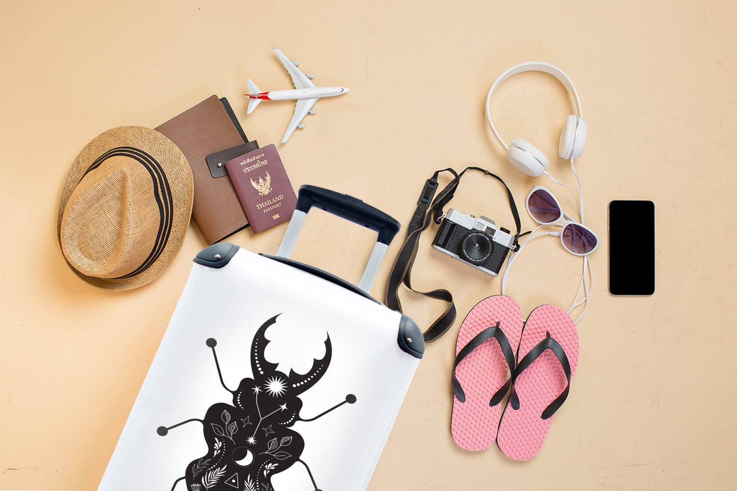 MuchoWow Handgepäckkoffer Moderne Kunst mit Reisekoffer Reisetasche Ferien, weißem für einem Insekt Trolley, mit rollen, auf 4 Hintergrund, Handgepäck Rollen