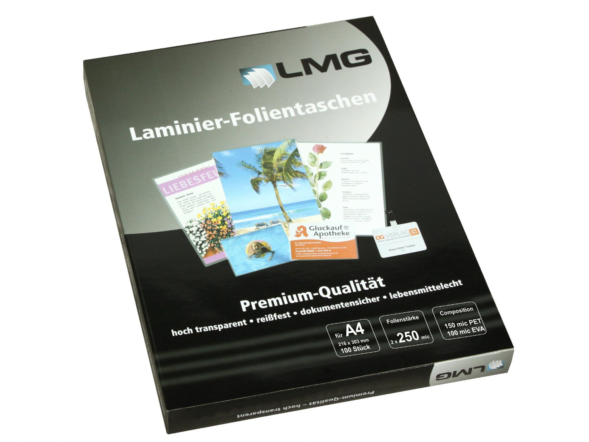 LMG Germany Laminierfolie LMG Laminierfolien A4 (216 x 303 mm), 2 x 250 mic, glänzend, 250 µm, glänzend, 100 St., Extra stabile Laminierfolie – glänzend & farbbrillant