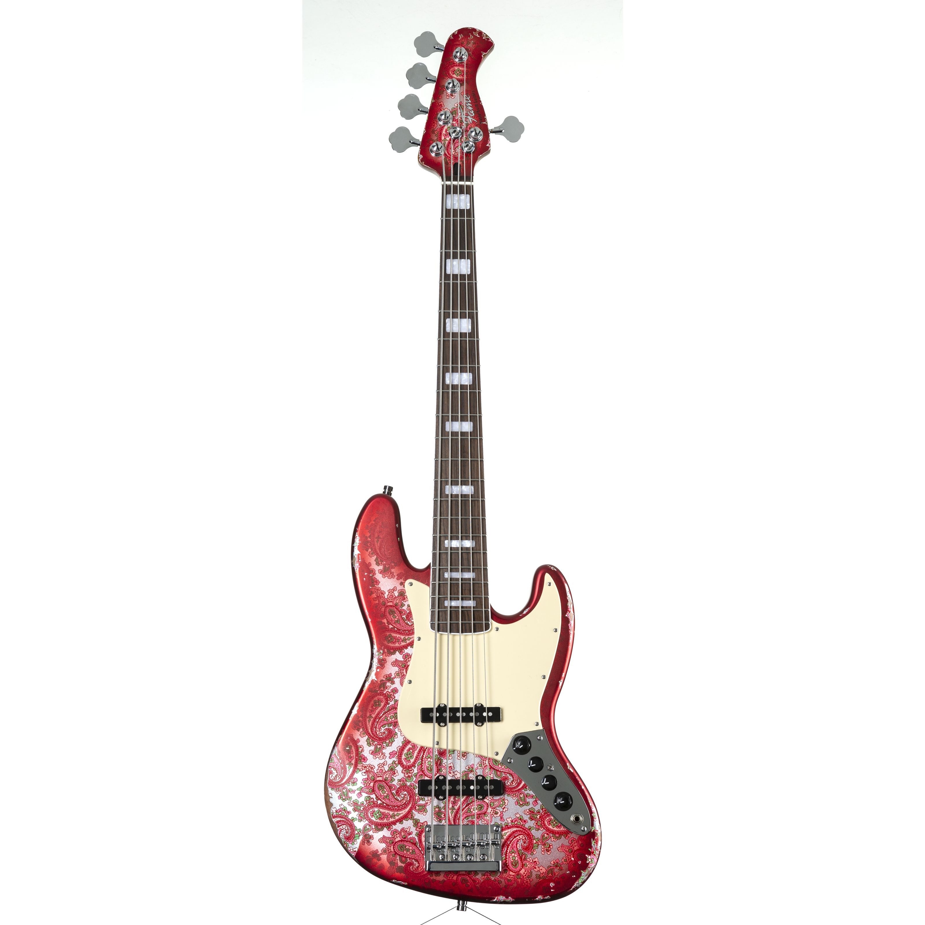 FAME E-Bass, E-Bässe, 5-Saiter E-Bässe, Custom JB 5 Worn Candy Apple Red over Pink Paisley - E-Bass
