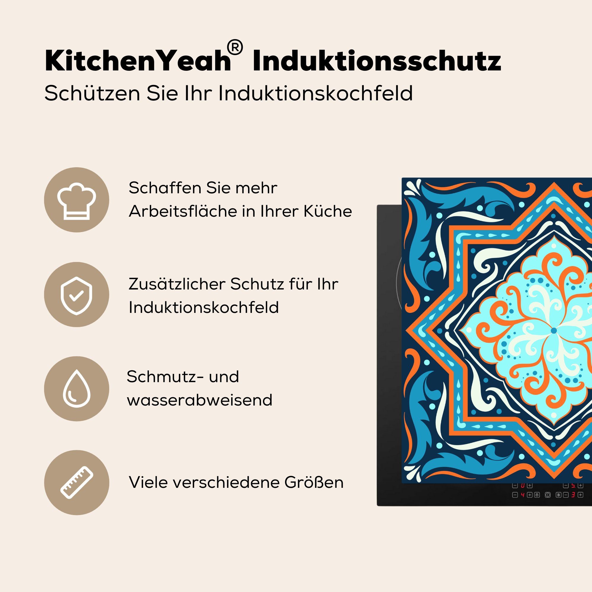 Herdblende-/Abdeckplatte MuchoWow (1 küche für Arbeitsplatte Vinyl, cm, 78x78 Formen Blau Muster, tlg), - Ceranfeldabdeckung, -