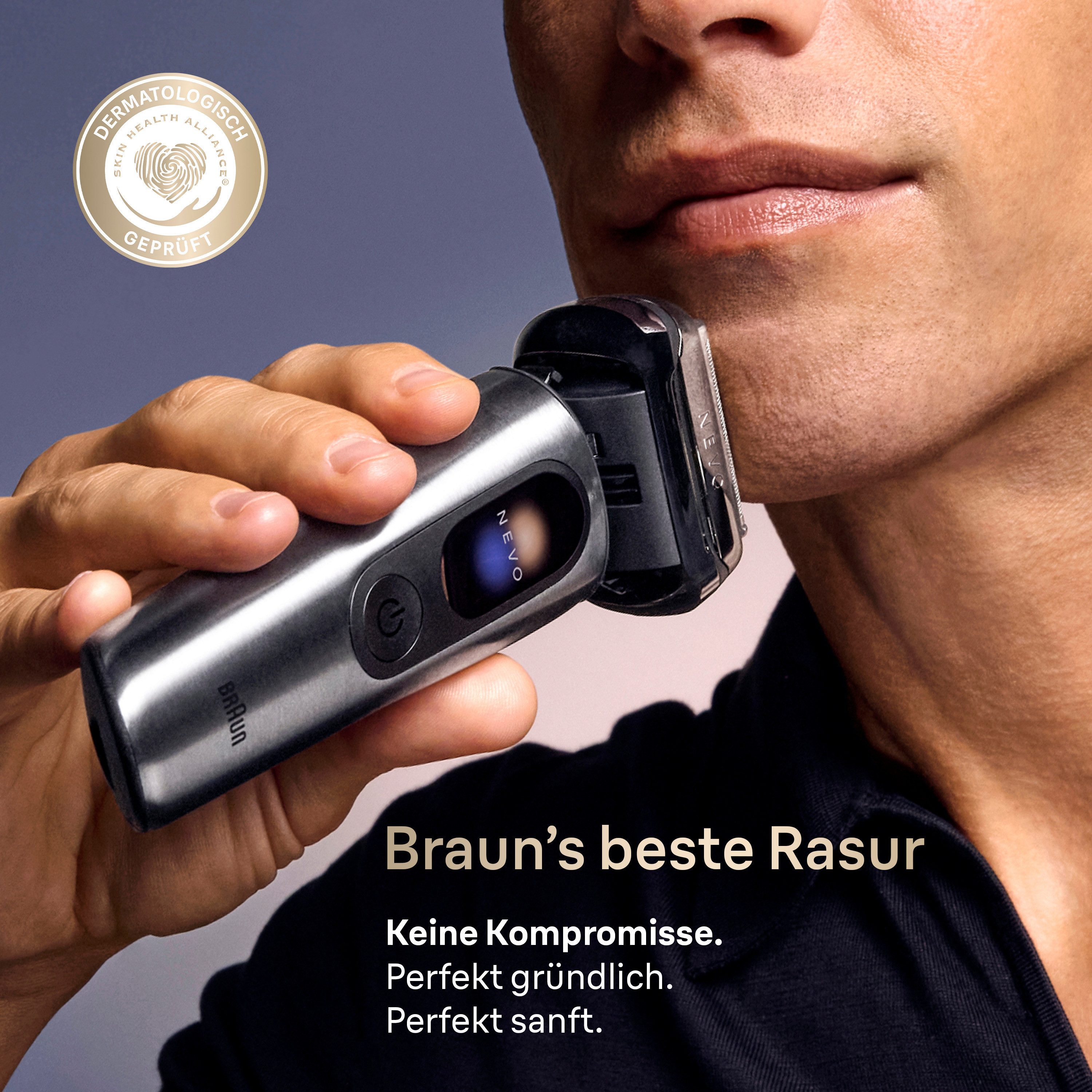 Braun Elektrorasierer NEVO 15000cc, SmartClean-Plus-Reinigungsstation, integrierter Präzisionstrimmer, AeroTouch, Smart Display, 7-in-1 Care System, Reiseetui, Silber