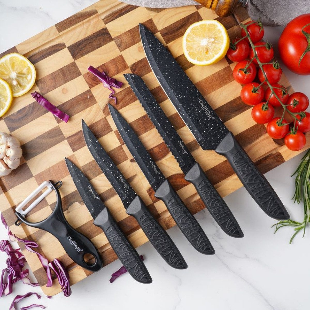 Cheffinger Messer-Set mit Schäler in Schwarz - vielseitig & ergonomisch, 6-teilig (6-tlg), Edelstahl, 6-teilig – Bild 2 von 3