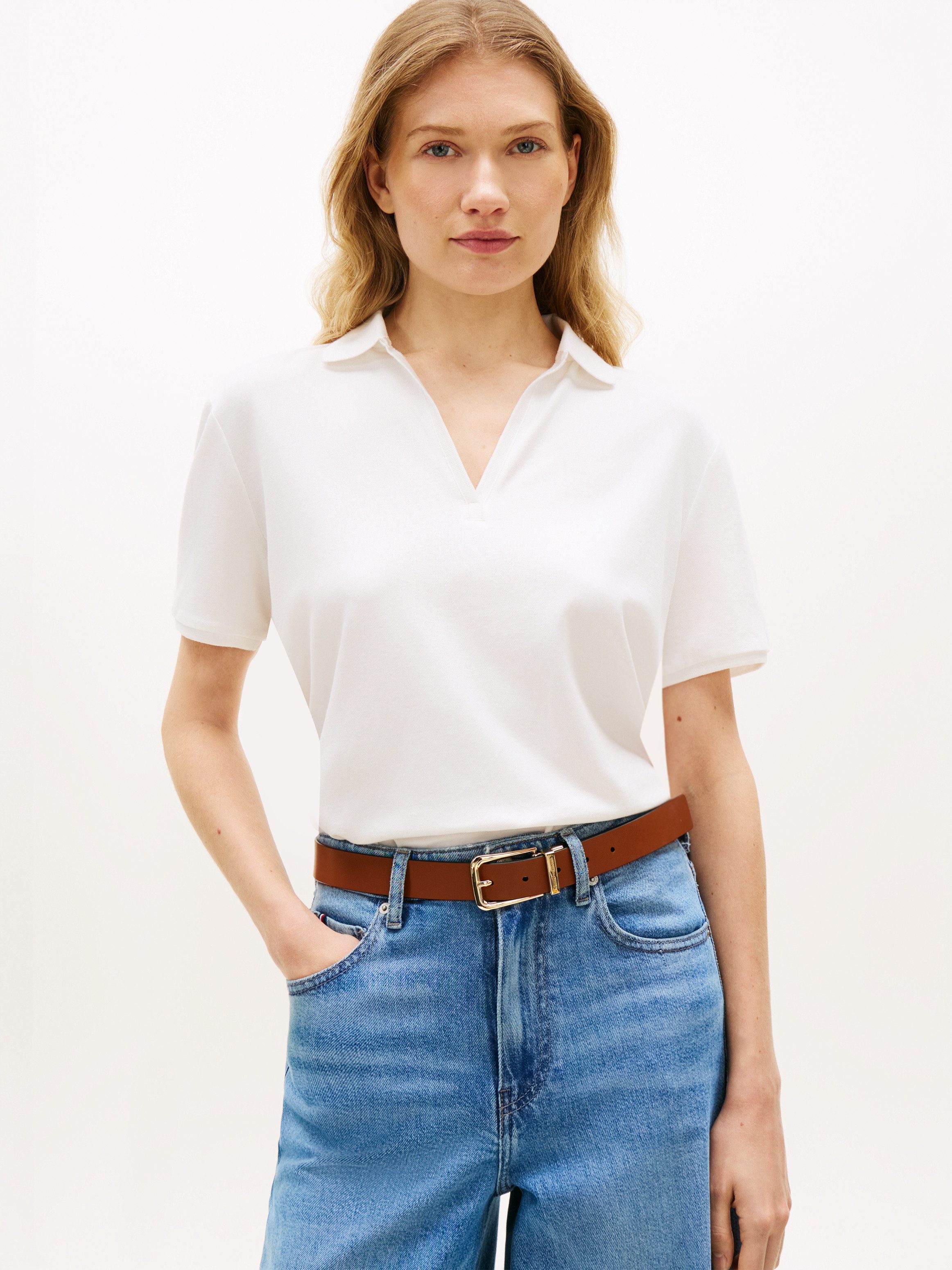 Tommy Hilfiger Poloshirt LYOCELL PIQUE OPEN-NK SS POLO mit kleinem Logo-Stick